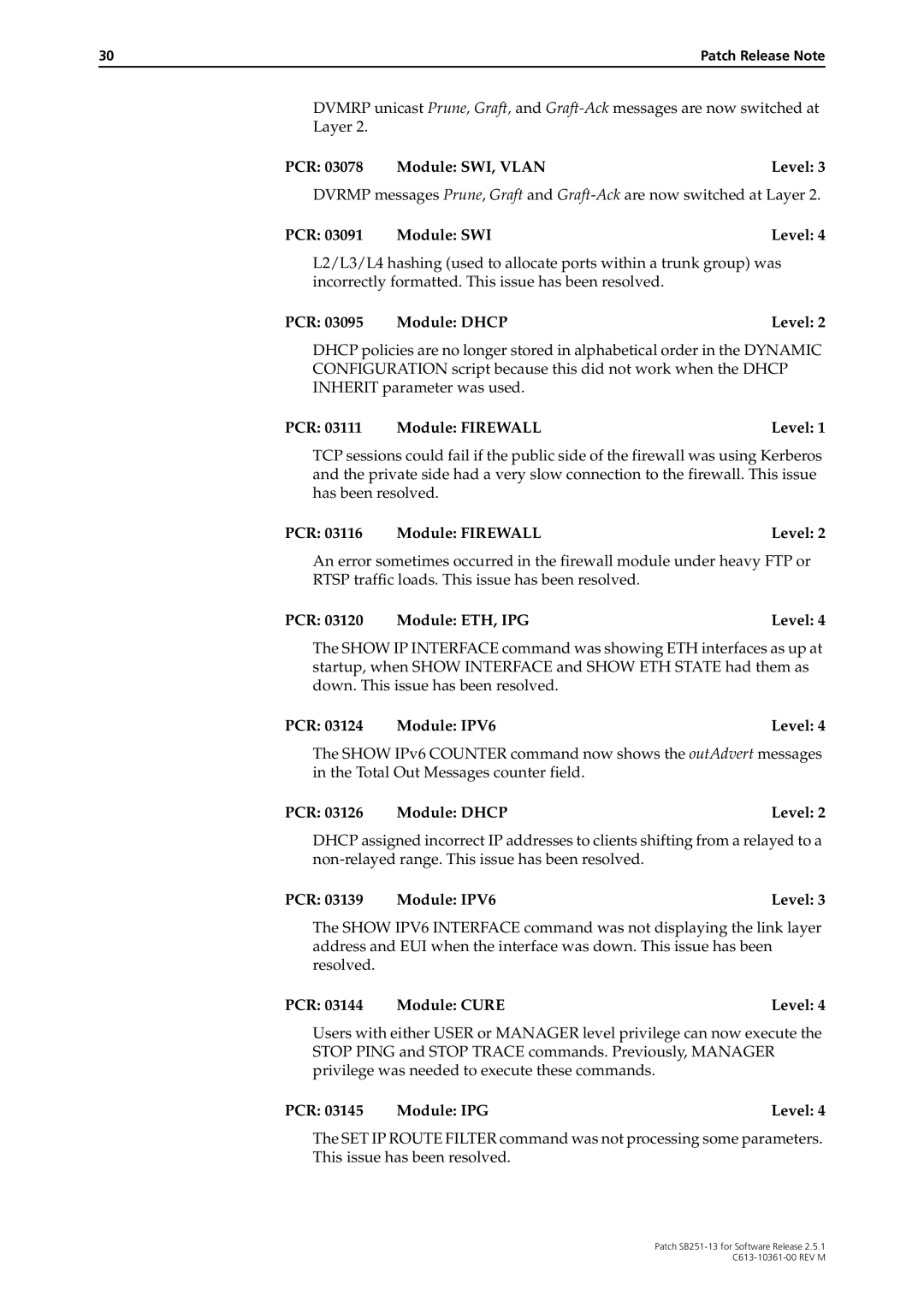 Allied Telesis SB251-13 manual PCR 03078 Module SWI, Vlan Level, PCR 03095 Module Dhcp Level, PCR 03126 Module Dhcp Level 