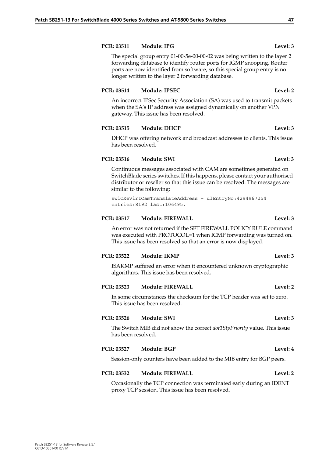 Allied Telesis SB251-13 manual PCR 03515 Module Dhcp Level, PCR Module Ikmp Level 