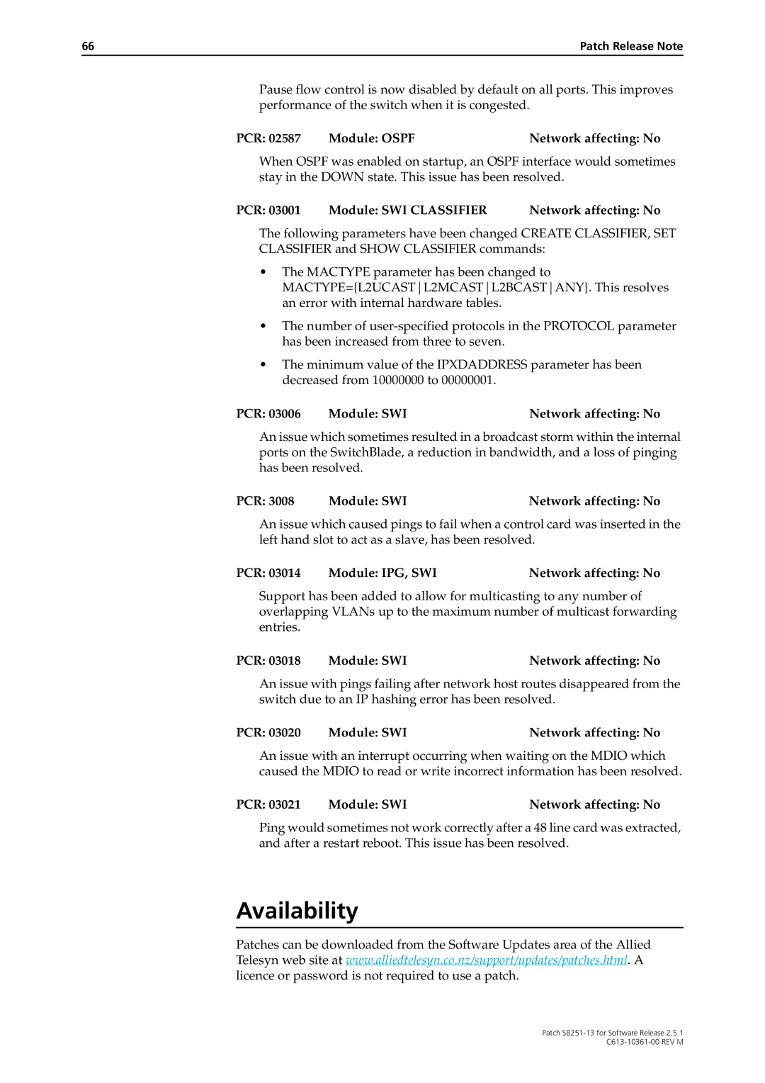 Allied Telesis SB251-13 Availability, PCR Module Ospf Network affecting No, PCR Module SWI Classifier Network affecting No 