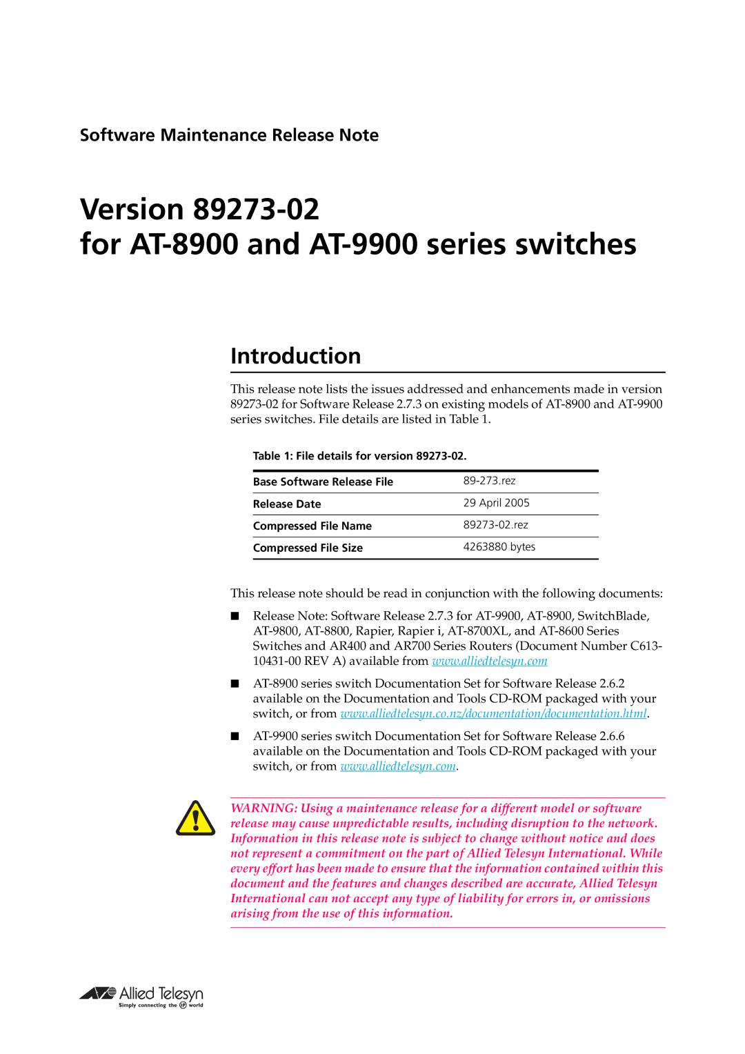 Allied Telesis Series manual Version For AT-8900 and AT-9900 series switches, Introduction 