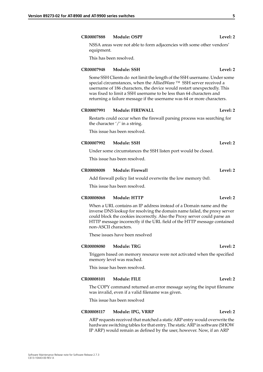 Allied Telesis Series manual CR00007888 Module Ospf Level, CR00007948 Module SSH Level, CR00007991 Module Firewall Level 