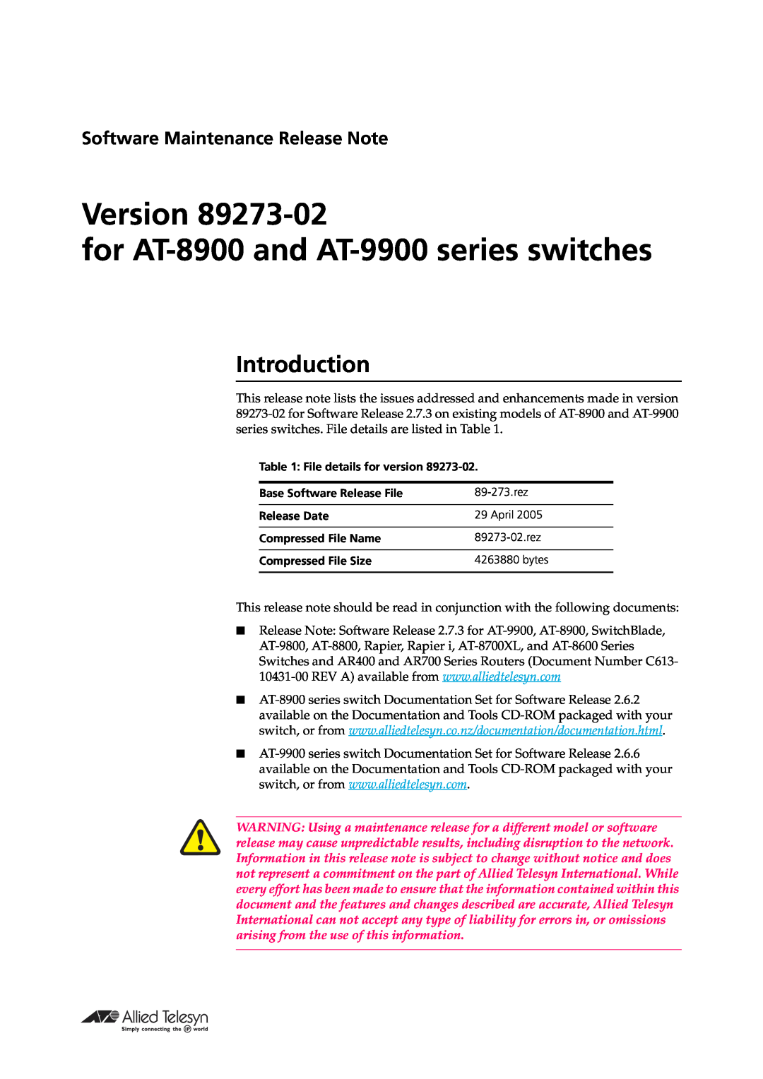 Allied Telesis Series manual Introduction, Software Maintenance Release Note 