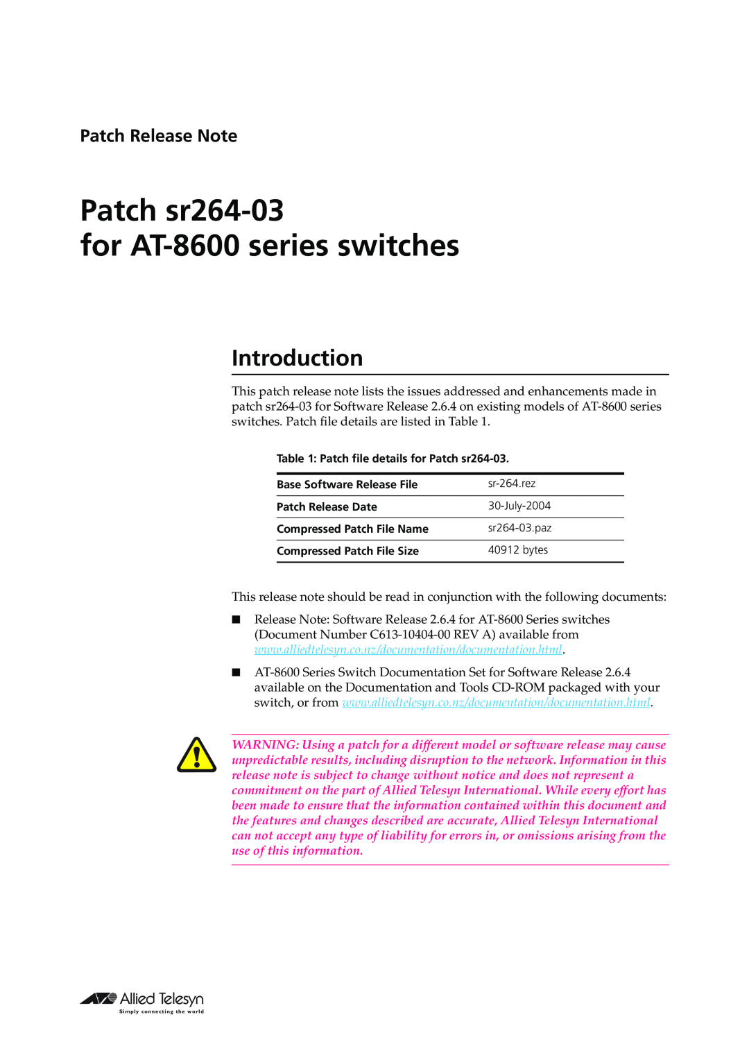 Allied Telesis manual Introduction, Patch Release Note, Patch sr264-03 for AT-8600 series switches 