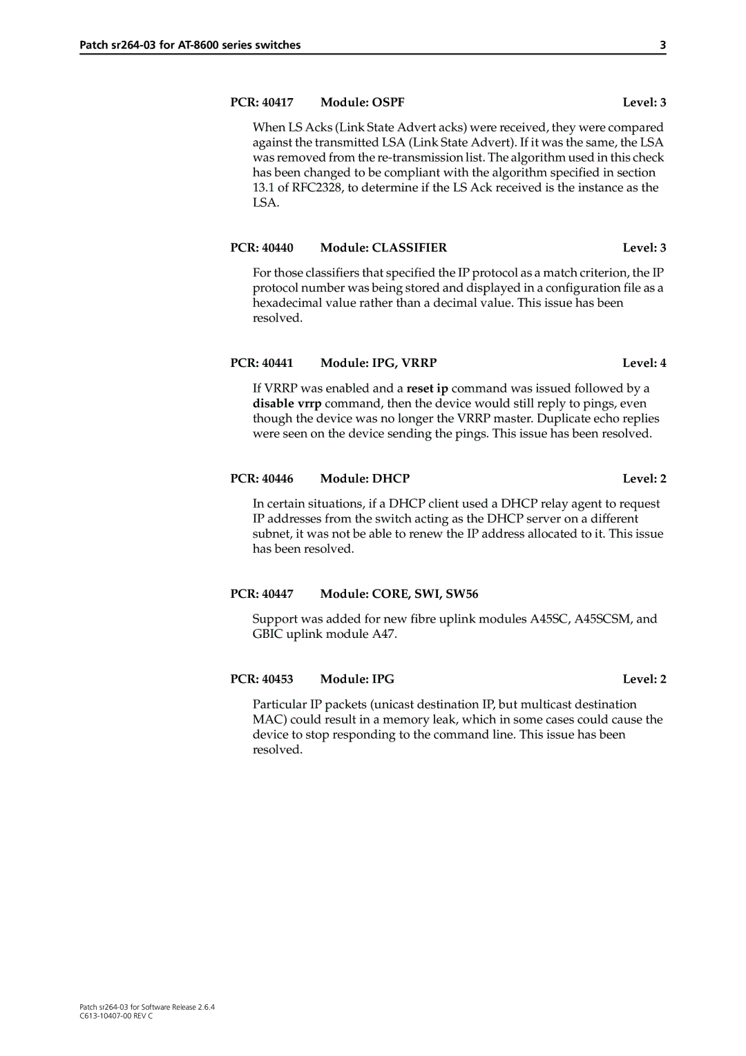 Allied Telesis sr264-03 manual PCR Module Ospf Level, PCR Module Classifier Level, PCR Module IPG, Vrrp Level 