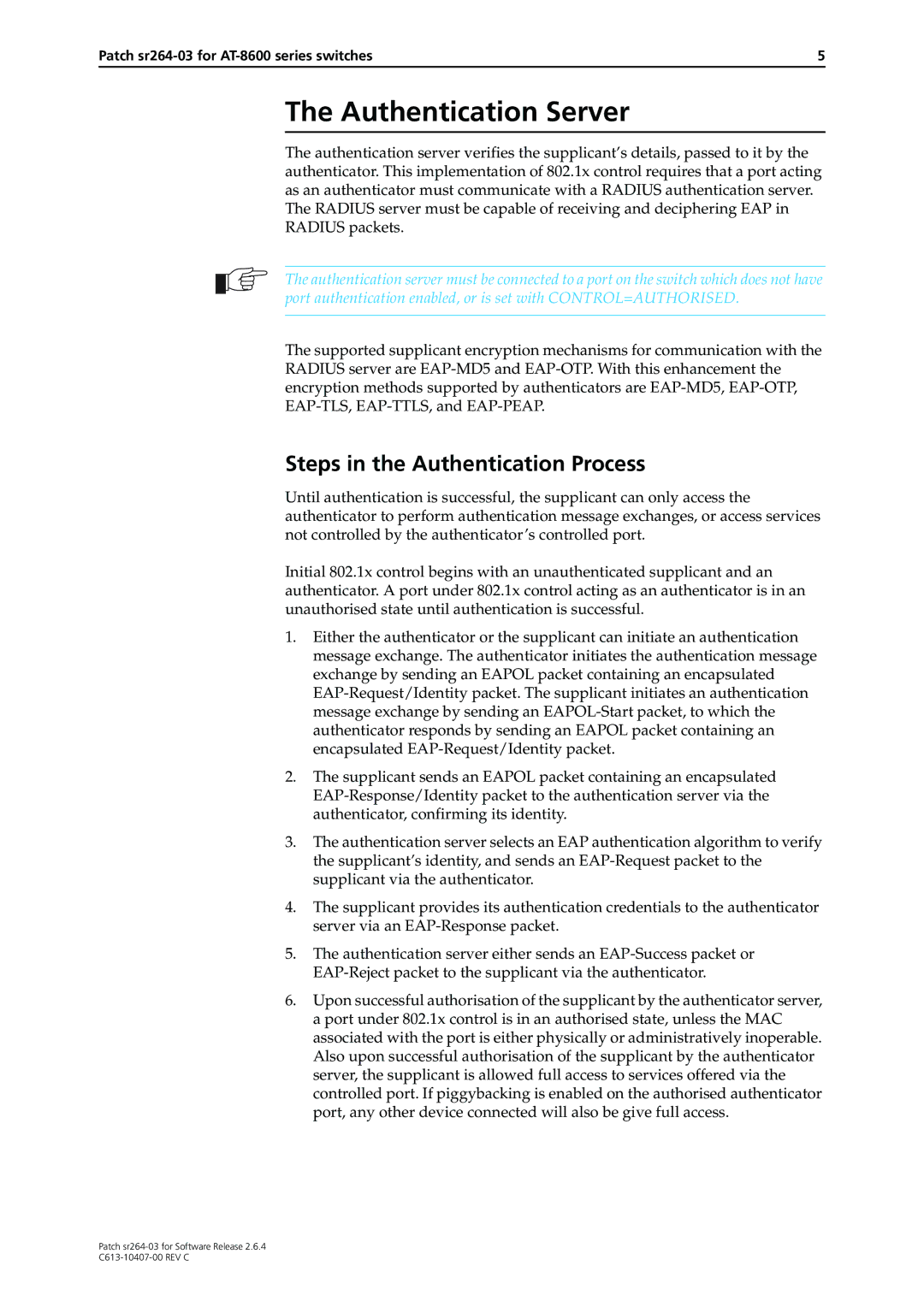 Allied Telesis sr264-03 manual Authentication Server, Steps in the Authentication Process 