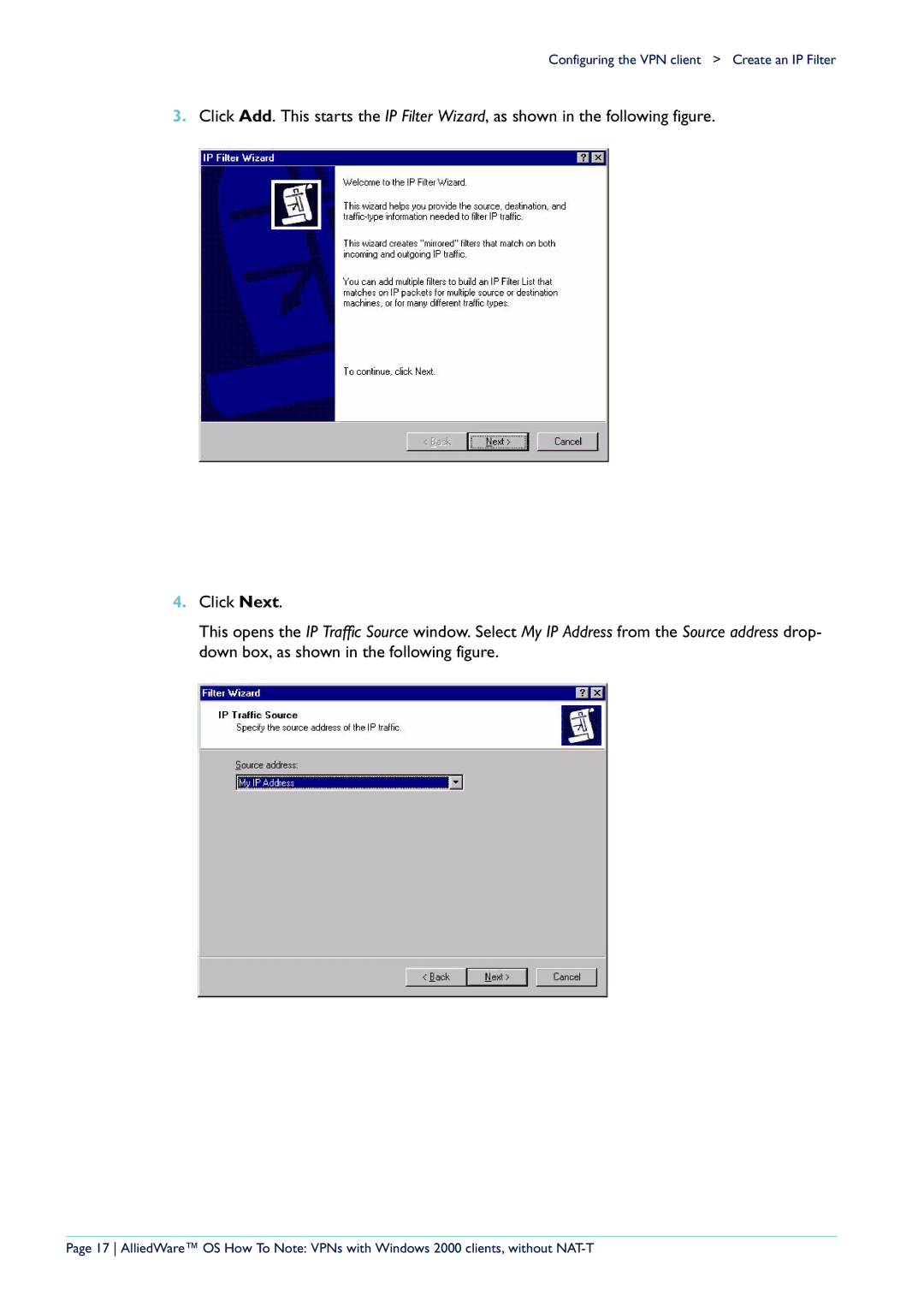 Allied Telesis manual Configuring the VPN client Create an IP Filter 