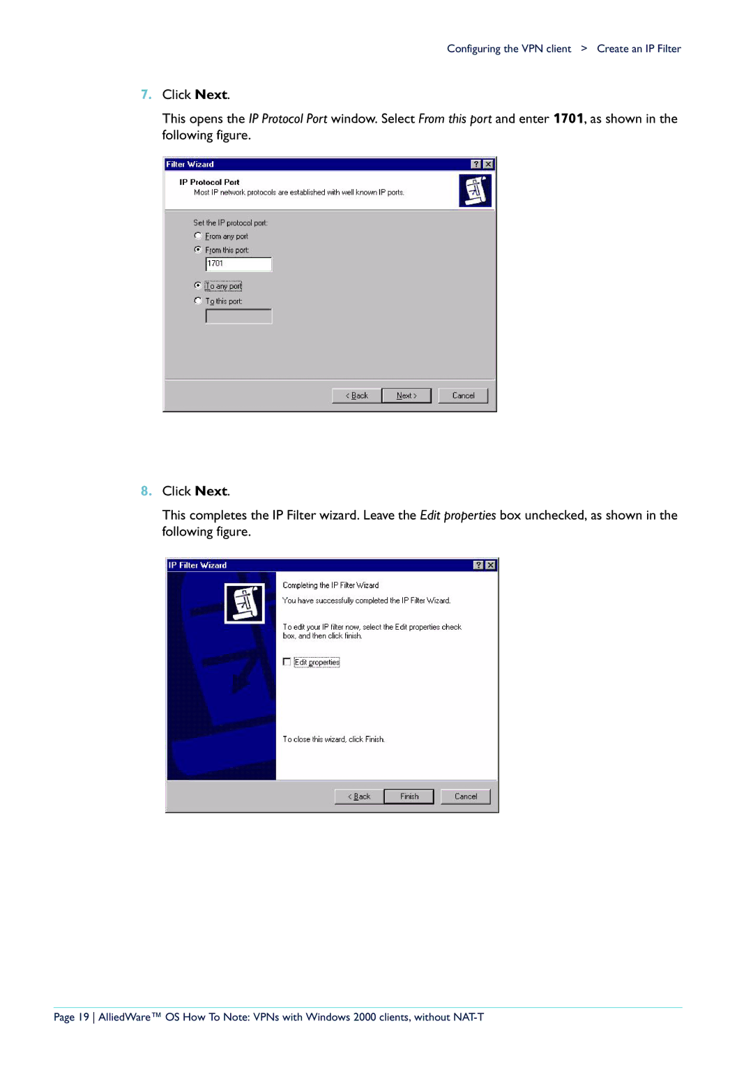 Allied Telesis manual Configuring the VPN client Create an IP Filter 