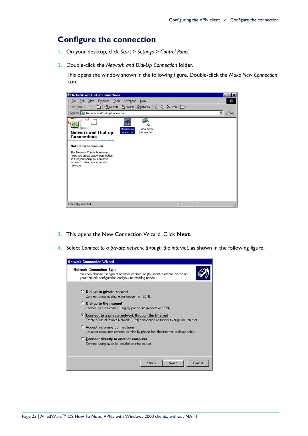 Allied Telesis VPN manual Configure the connection, Double-click the Network and Dial-Up Connection folder 