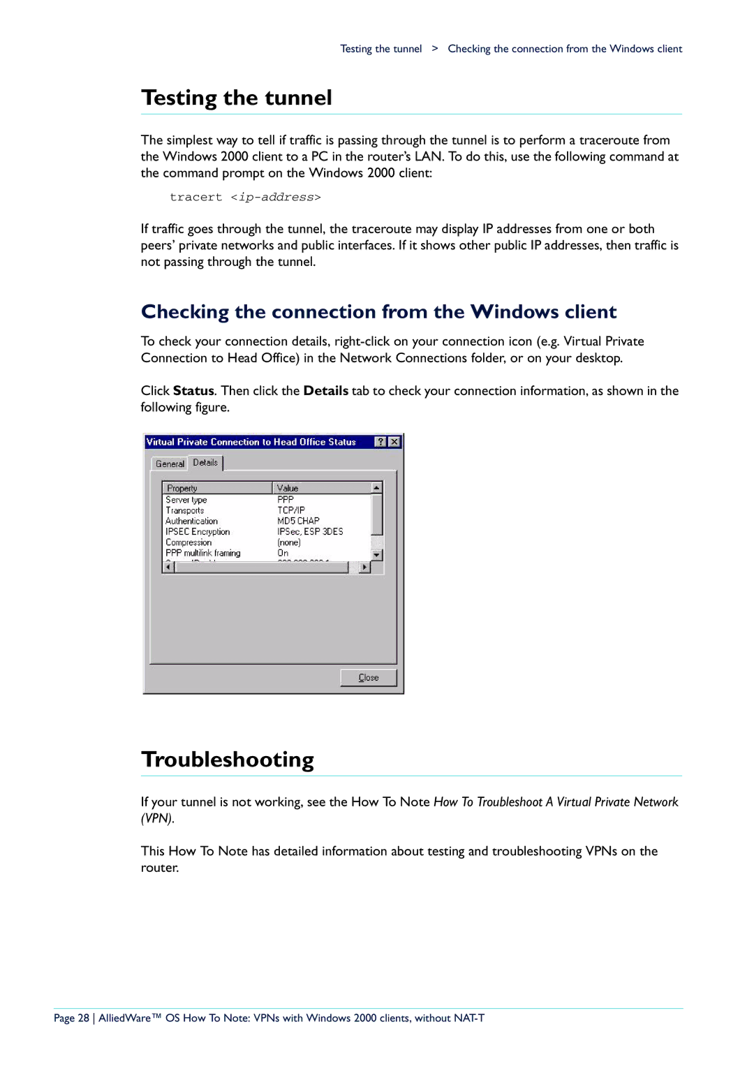 Allied Telesis VPN manual Testing the tunnel, Troubleshooting, Checking the connection from the Windows client 