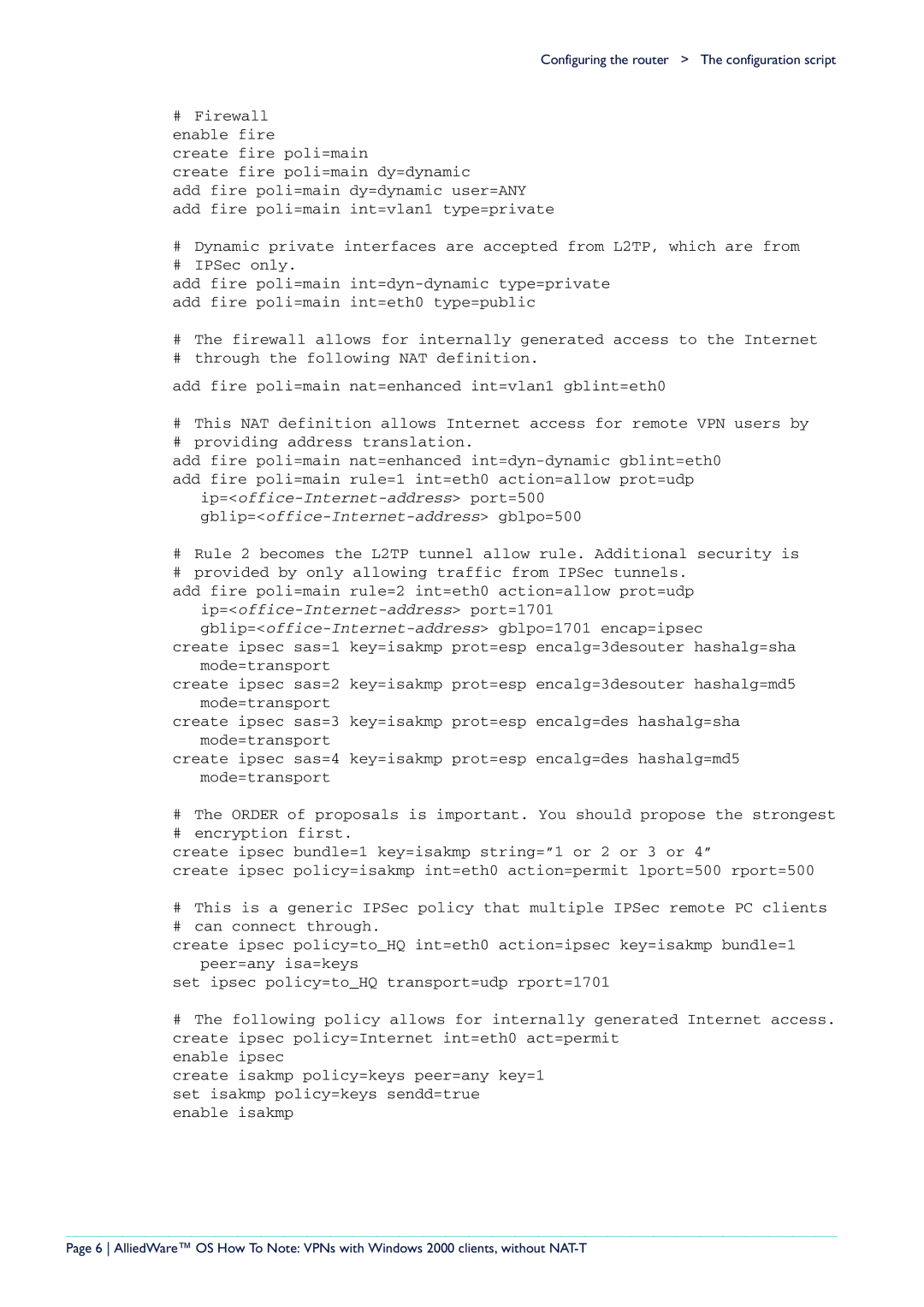 Allied Telesis VPN manual Configuring the router The configuration script 