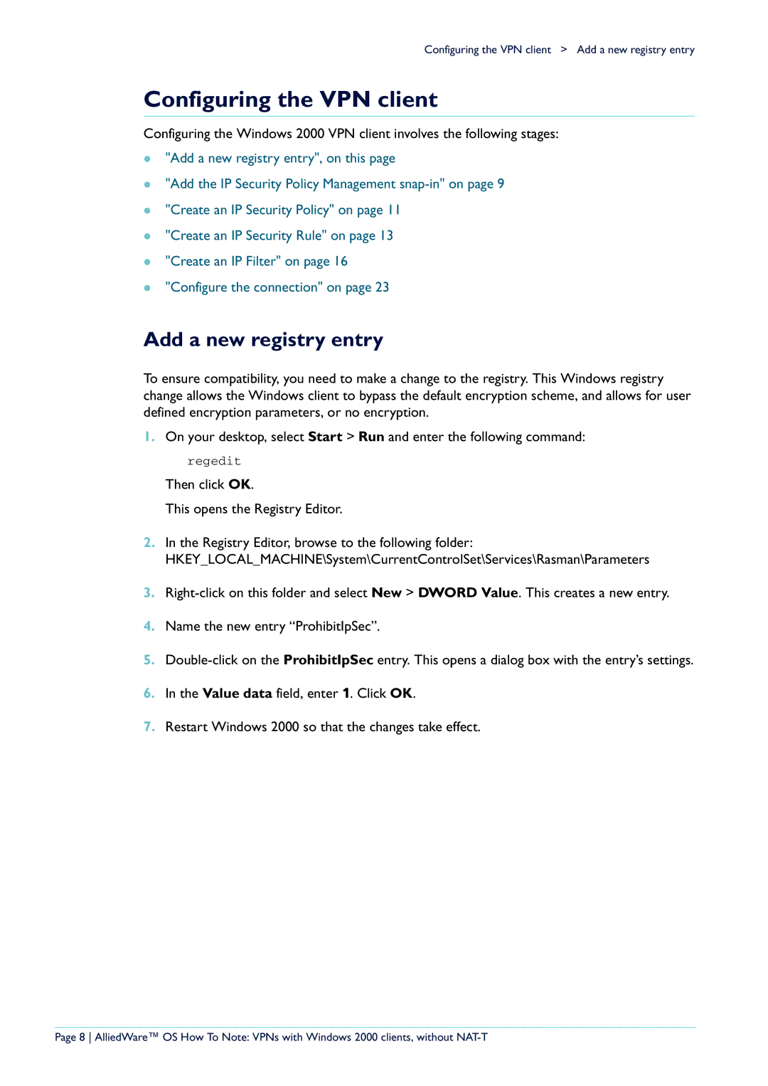 Allied Telesis manual Configuring the VPN client, Add a new registry entry 