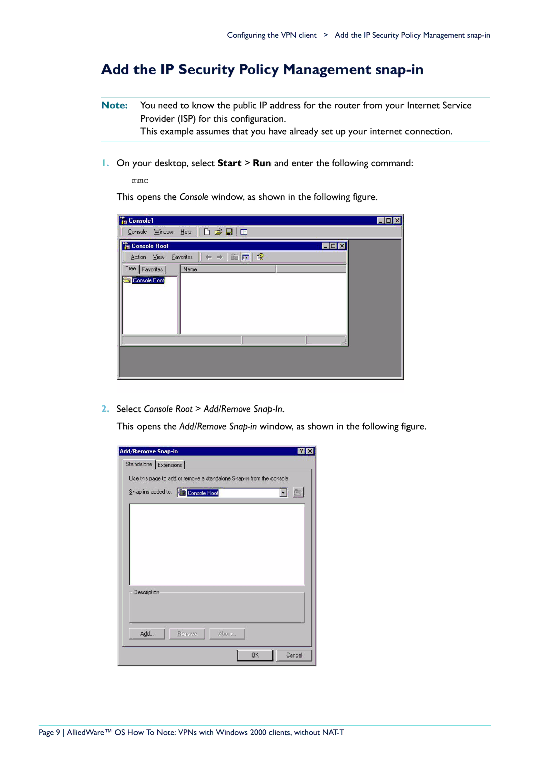 Allied Telesis VPN manual Add the IP Security Policy Management snap-in, Select Console Root Add/Remove Snap-In 