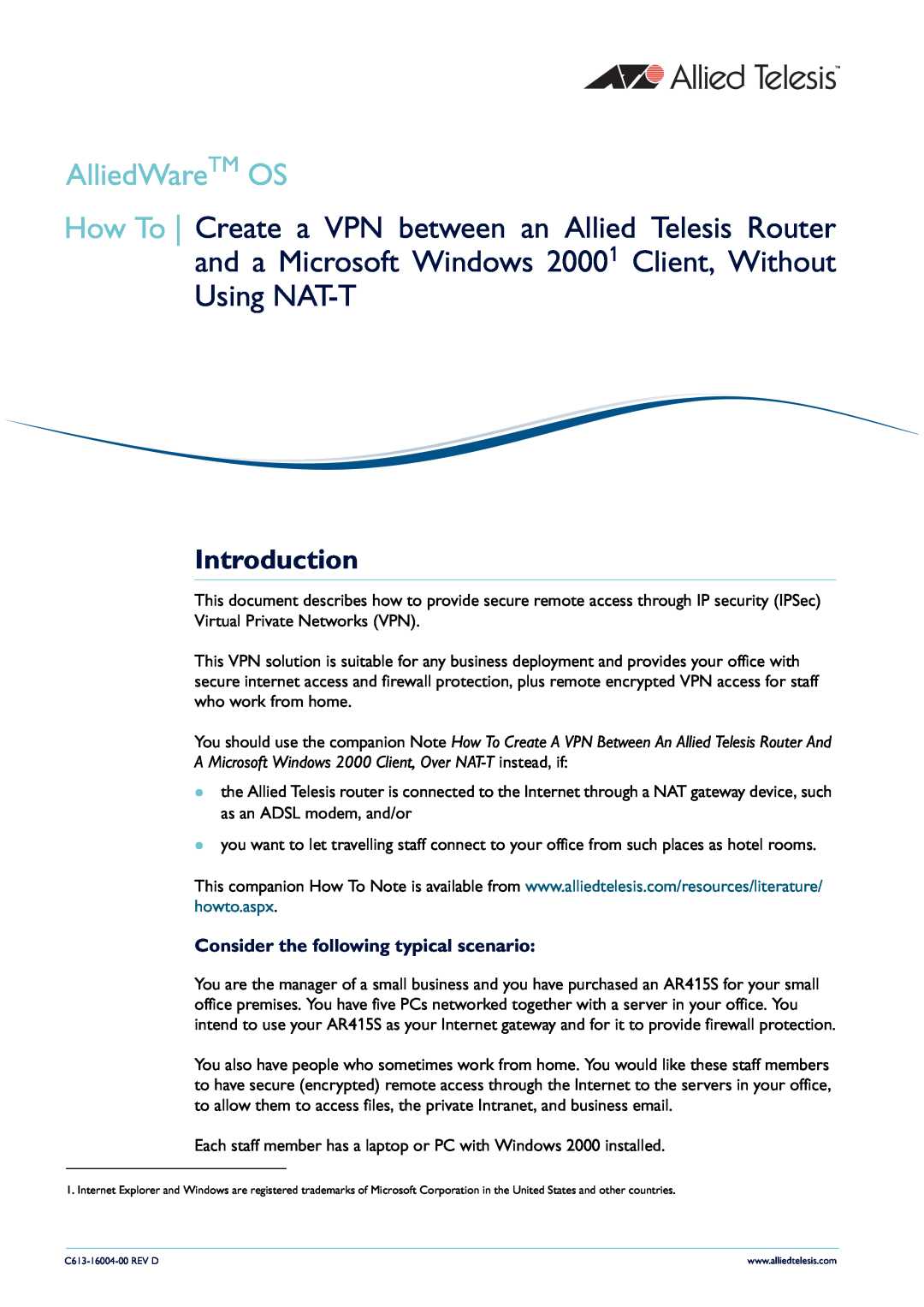 Allied Telesis VPN manual Introduction, AlliedWareTM OS, Consider the following typical scenario 