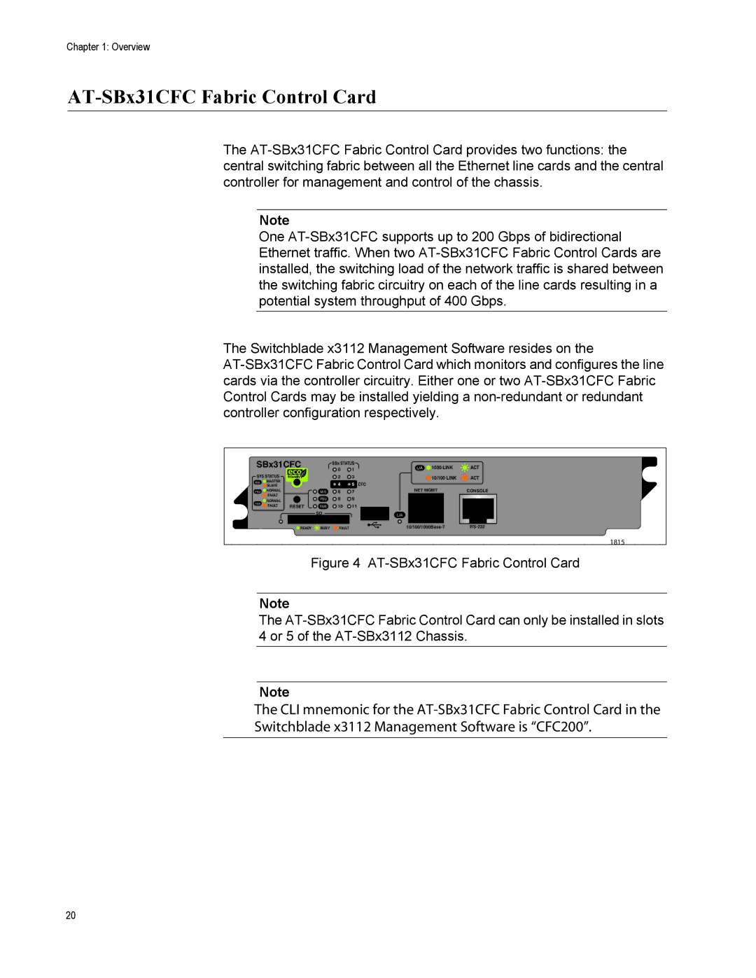 Allied Telesis AT-SBX31CFC, X3112, AT-SBX31FAN, AT-SBX31GP24, AT-SBX31XZ4, AT-SBX3161 manual AT-SBx31CFC Fabric Control Card 