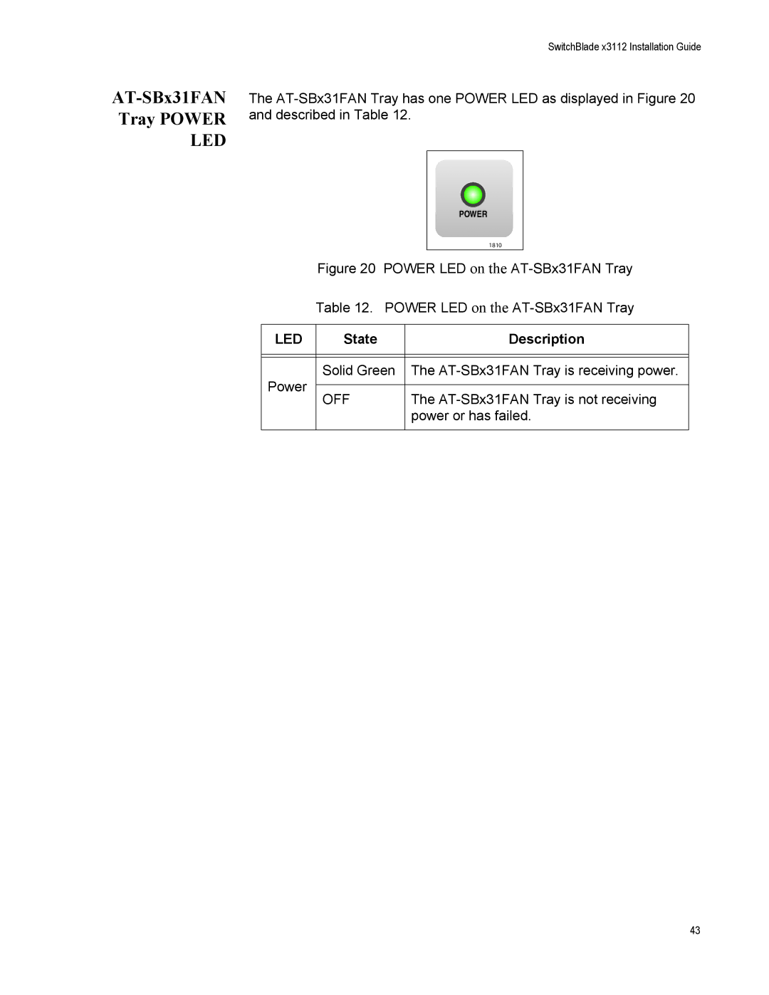 Allied Telesis AT-SBX31FAN, X3112, AT-SBX31GP24, AT-SBX31XZ4 manual AT-SBx31FAN Tray Power, Power LED on the AT-SBx31FAN Tray 