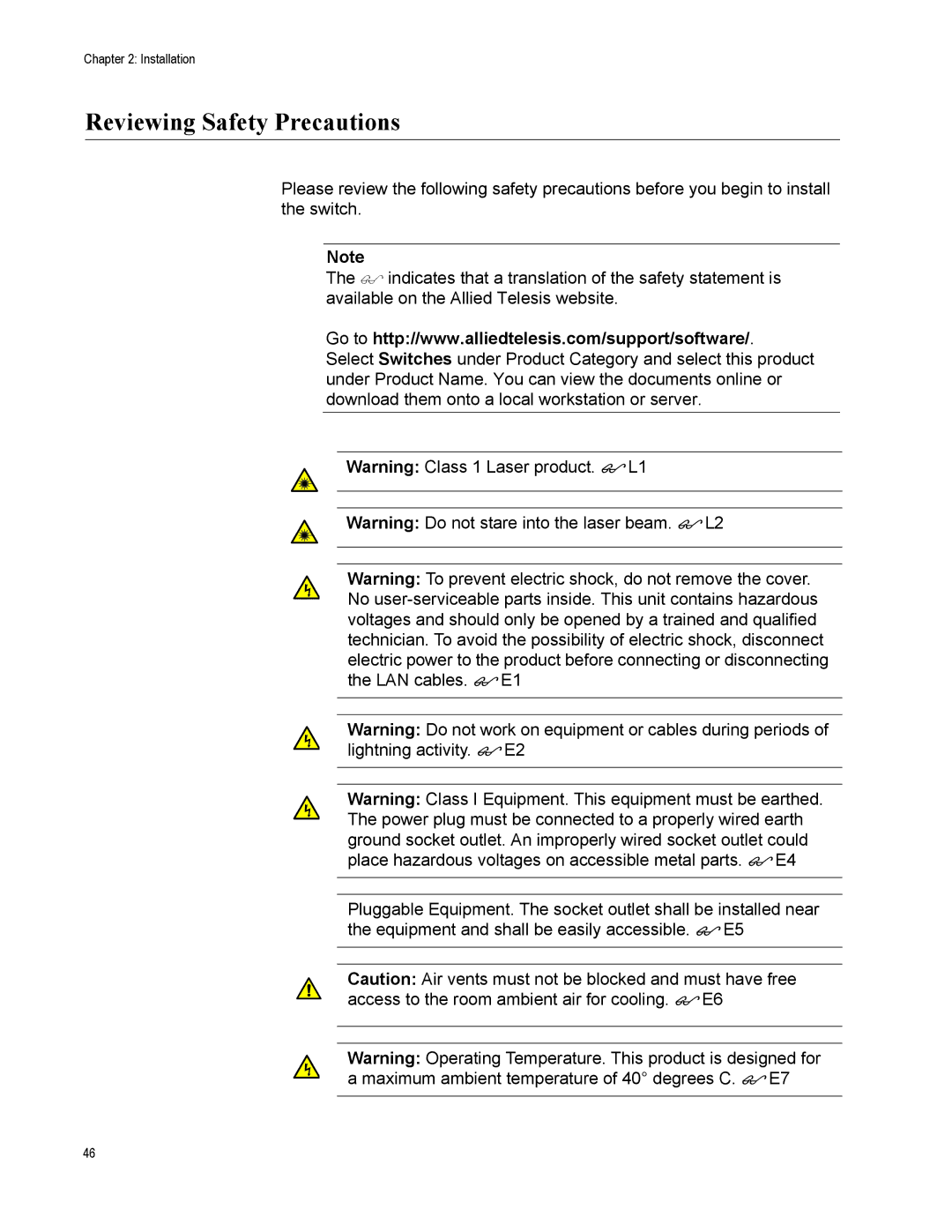 Allied Telesis AT-SBX3161, X3112, AT-SBX31FAN, AT-SBX31GP24, AT-SBX31XZ4, AT-SBX3165, AT-SBX31CFC Reviewing Safety Precautions 