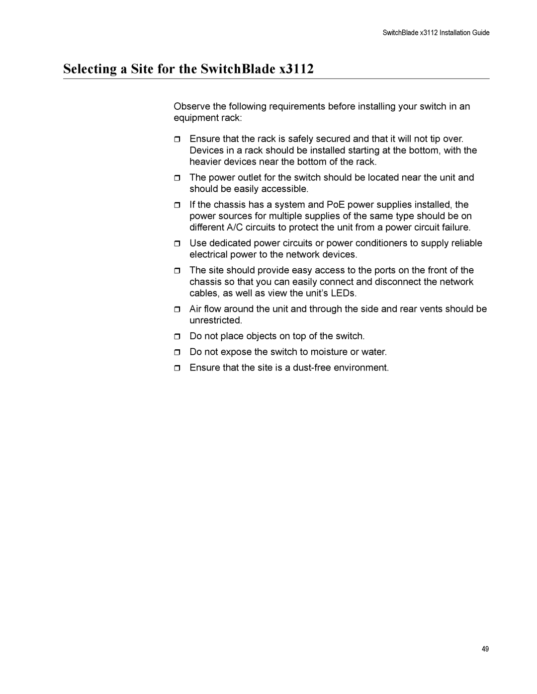Allied Telesis X3112, AT-SBX31FAN, AT-SBX31GP24, AT-SBX31XZ4, AT-SBX3161, AT-SBX3165 manual Selecting a Site for the SwitchBlade 