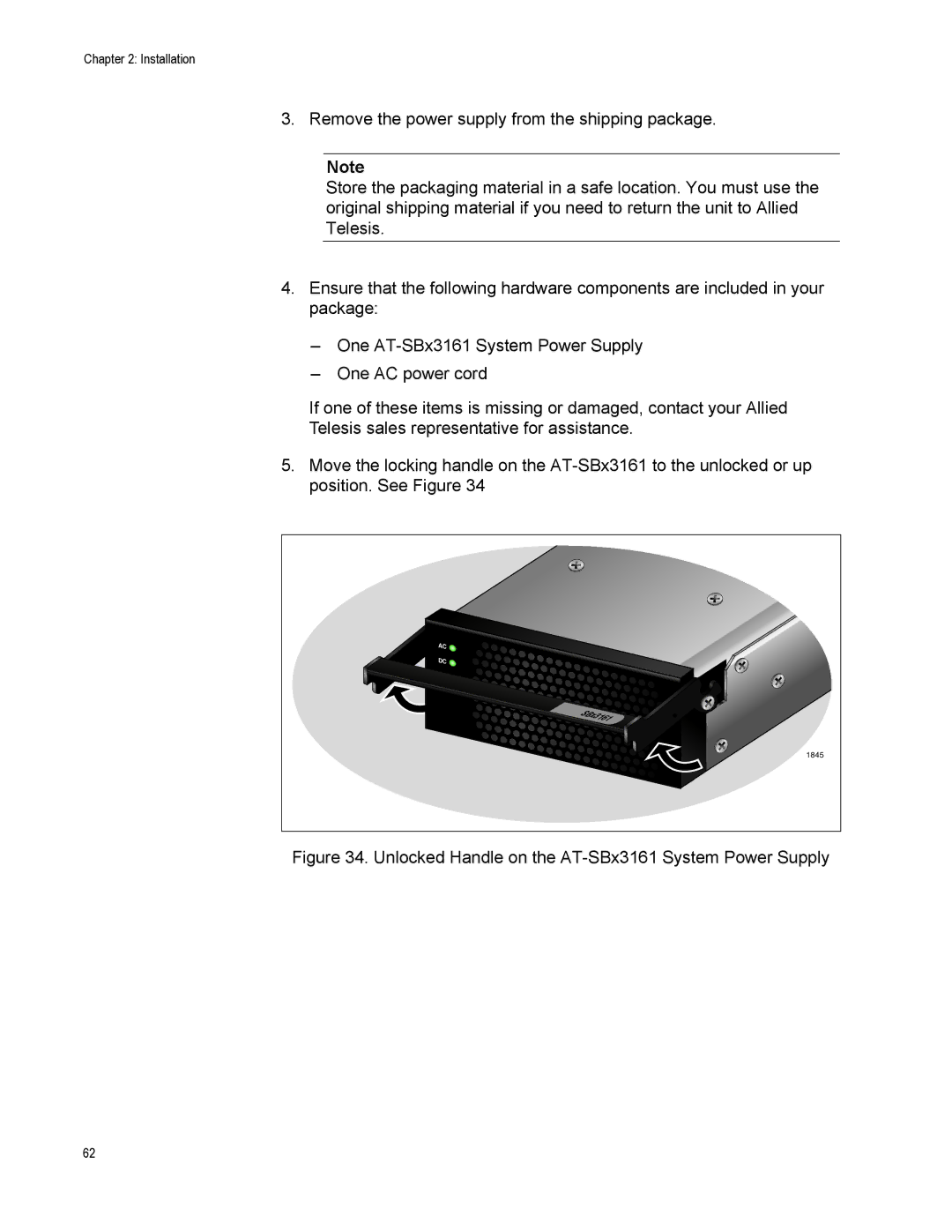 Allied Telesis AT-SBX31CFC, X3112, AT-SBX31FAN, AT-SBX31GP24 manual Unlocked Handle on the AT-SBx3161 System Power Supply 