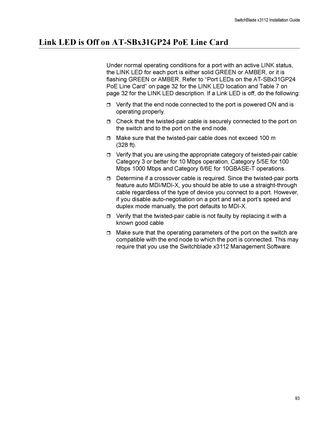 Allied Telesis AT-SBX31GP24, X3112, AT-SBX31FAN, AT-SBX31XZ4, AT-SBX3161 manual Link LED is Off on AT-SBx31GP24 PoE Line Card 