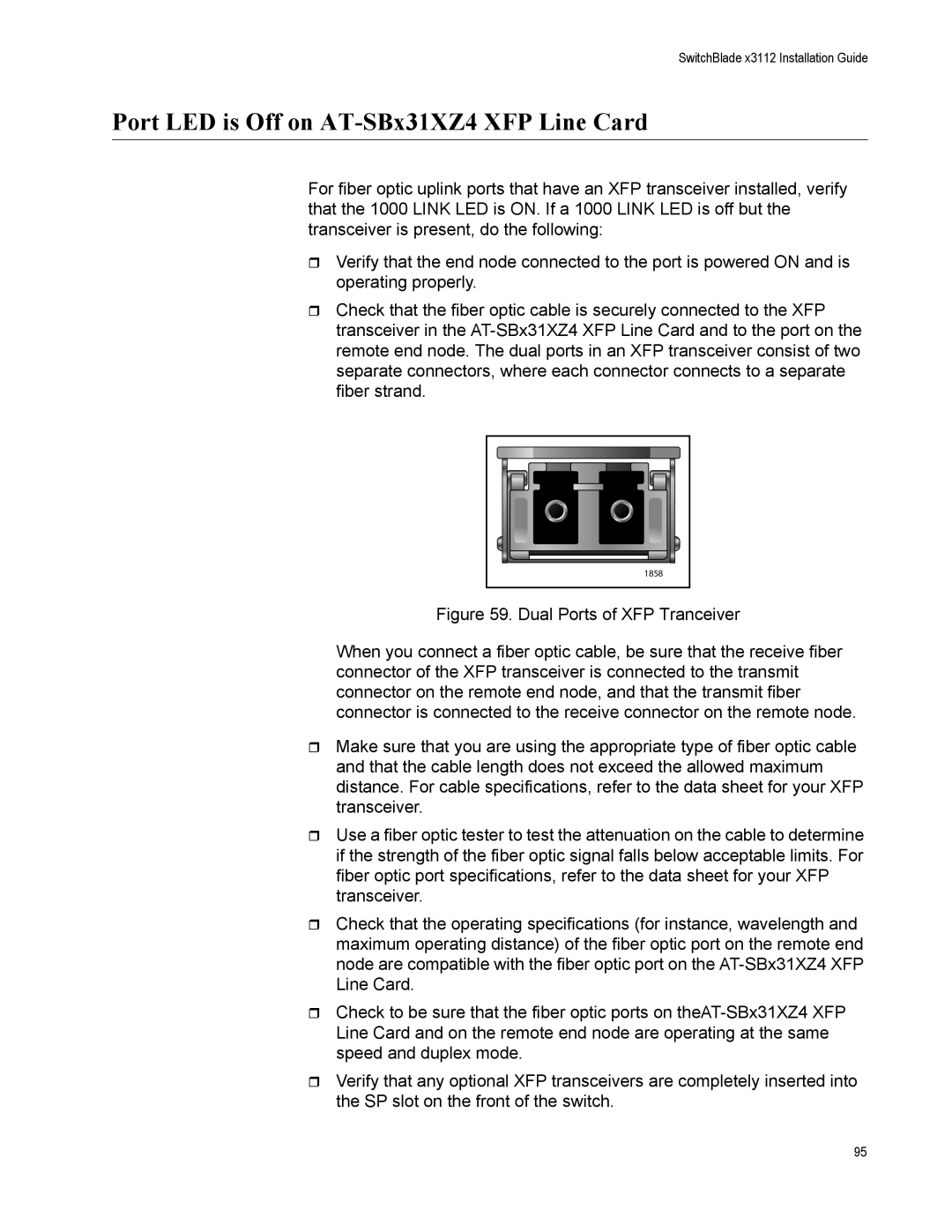 Allied Telesis AT-SBX3161, X3112, AT-SBX31FAN, AT-SBX31GP24, AT-SBX31XZ4 manual Port LED is Off on AT-SBx31XZ4 XFP Line Card 