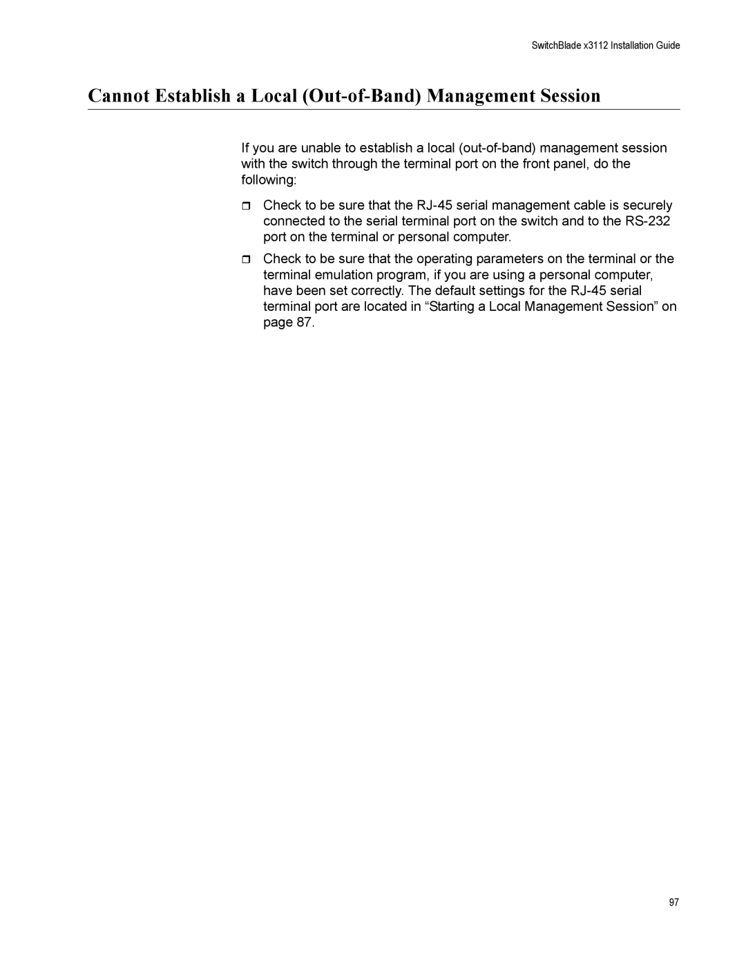 Allied Telesis AT-SBX31CFC, X3112, AT-SBX31FAN, AT-SBX31GP24 manual Cannot Establish a Local Out-of-Band Management Session 