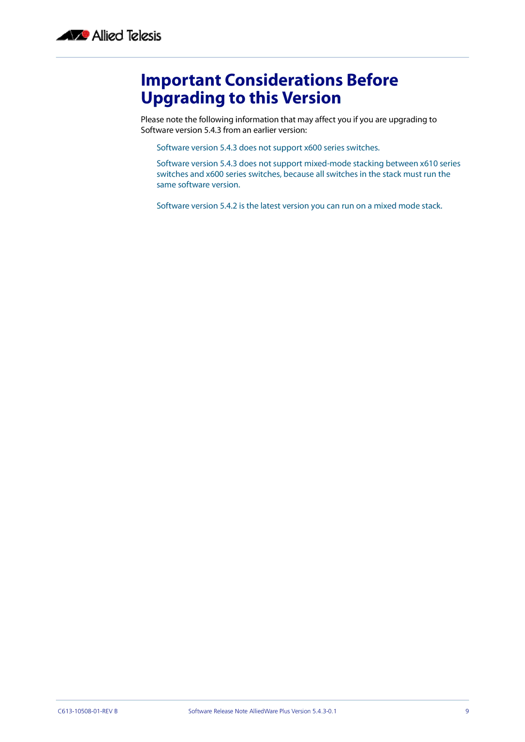 Allied Telesis X610, X510 manual Important Considerations Before Upgrading to this Version 