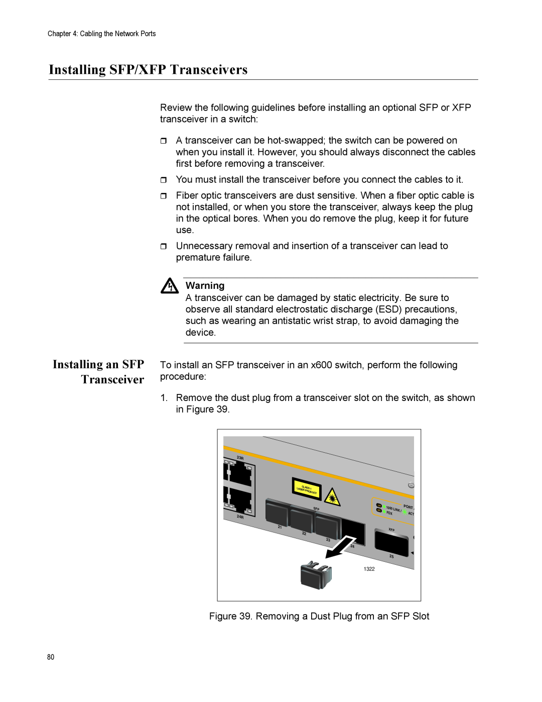 Allied Telesis x600-24Ts-POE manual Installing SFP/XFP Transceivers, Installing an SFP Transceiver 