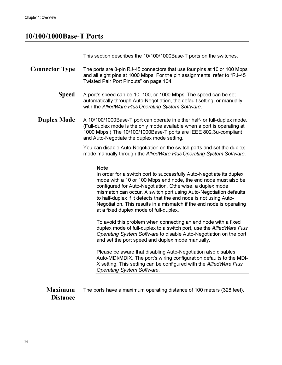 Allied Telesis x600-24Ts-POE manual 10/100/1000Base-T Ports, Connector Type Speed Duplex Mode Maximum Distance 