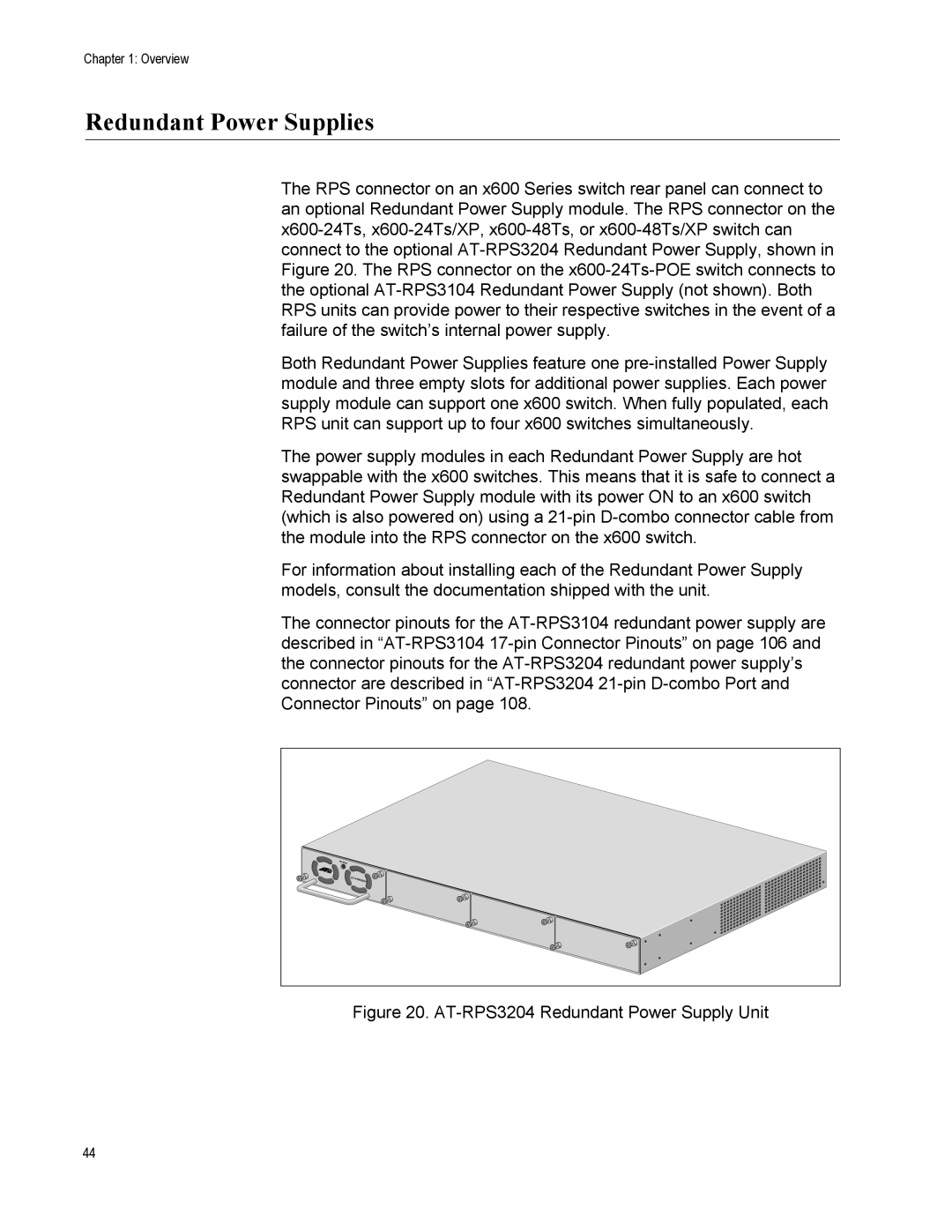 Allied Telesis x600-24Ts-POE manual Redundant Power Supplies, AT-RPS3204 Redundant Power Supply Unit 