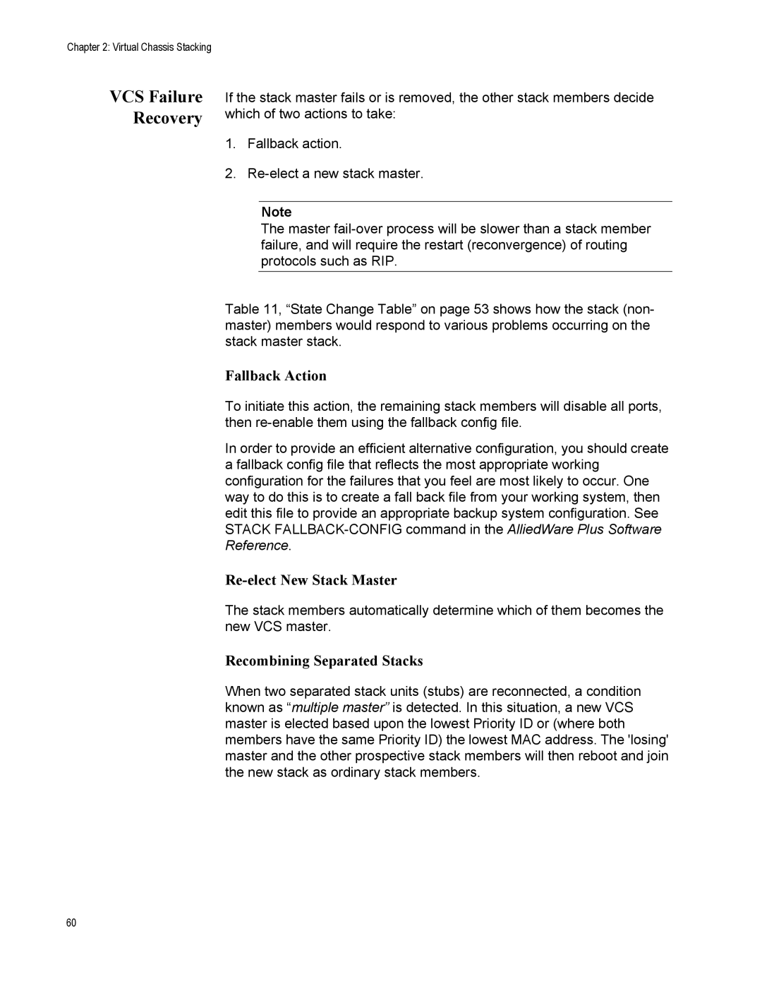 Allied Telesis x600-24Ts-POE manual VCS Failure Recovery, Fallback Action 