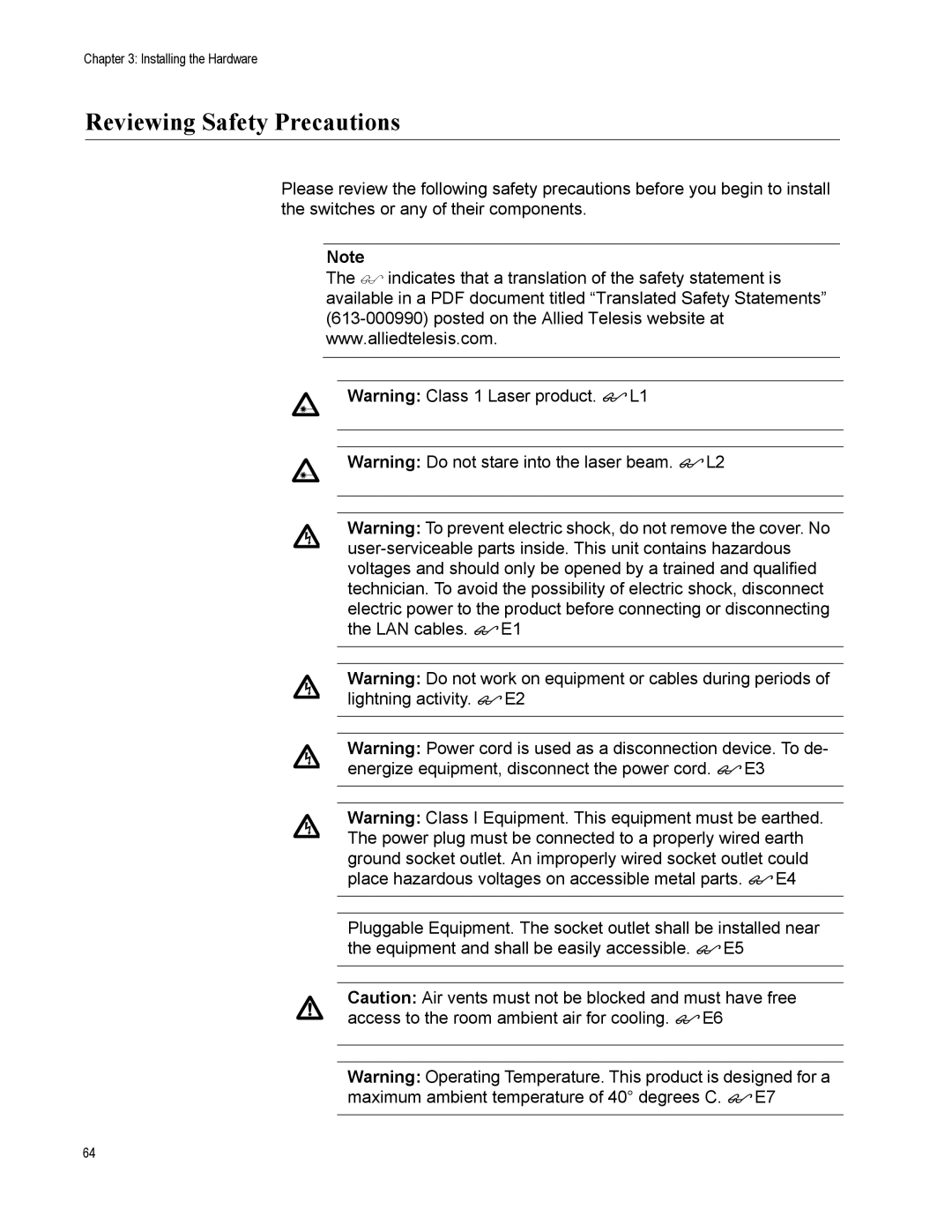 Allied Telesis x600-24Ts-POE manual Reviewing Safety Precautions 