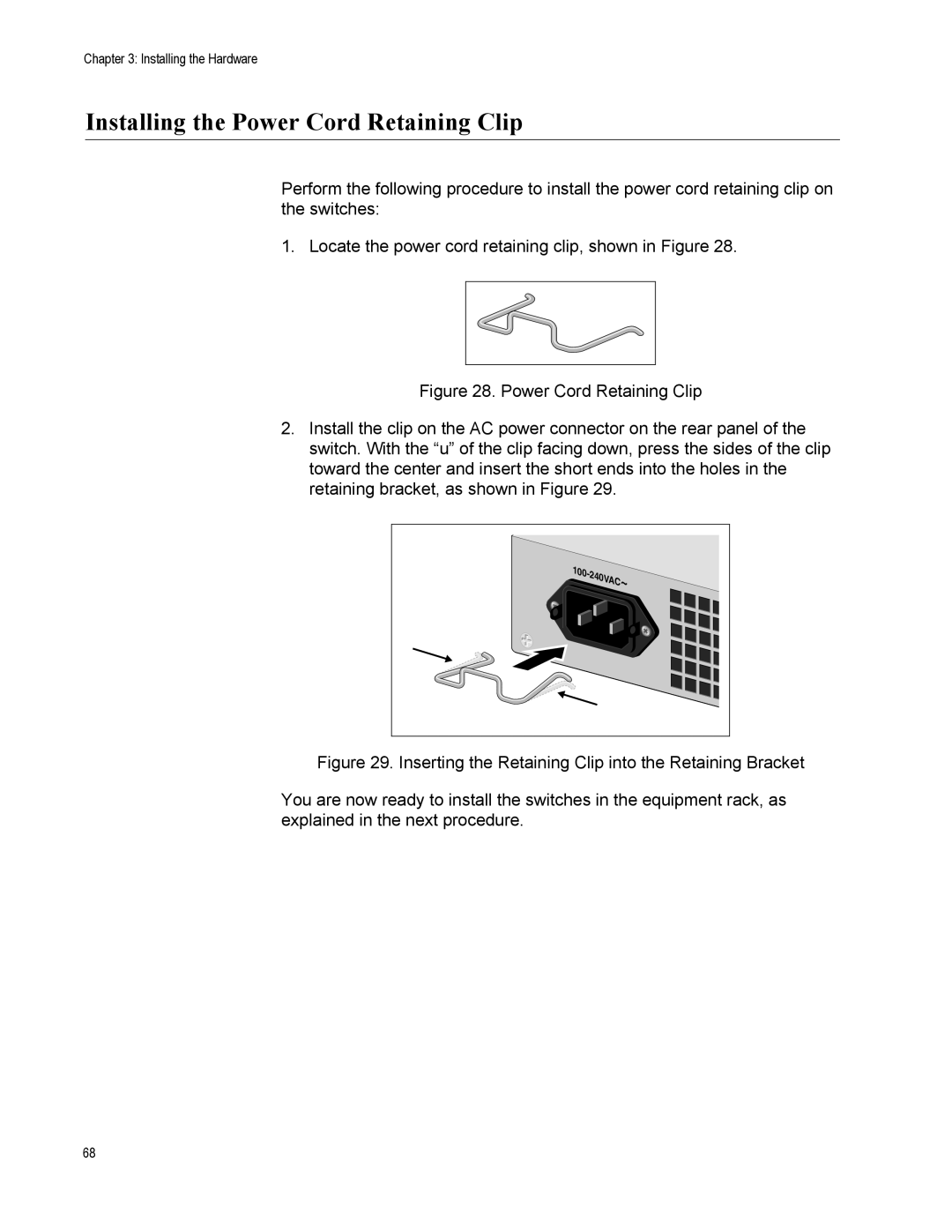 Allied Telesis x600-24Ts-POE manual Installing the Power Cord Retaining Clip 