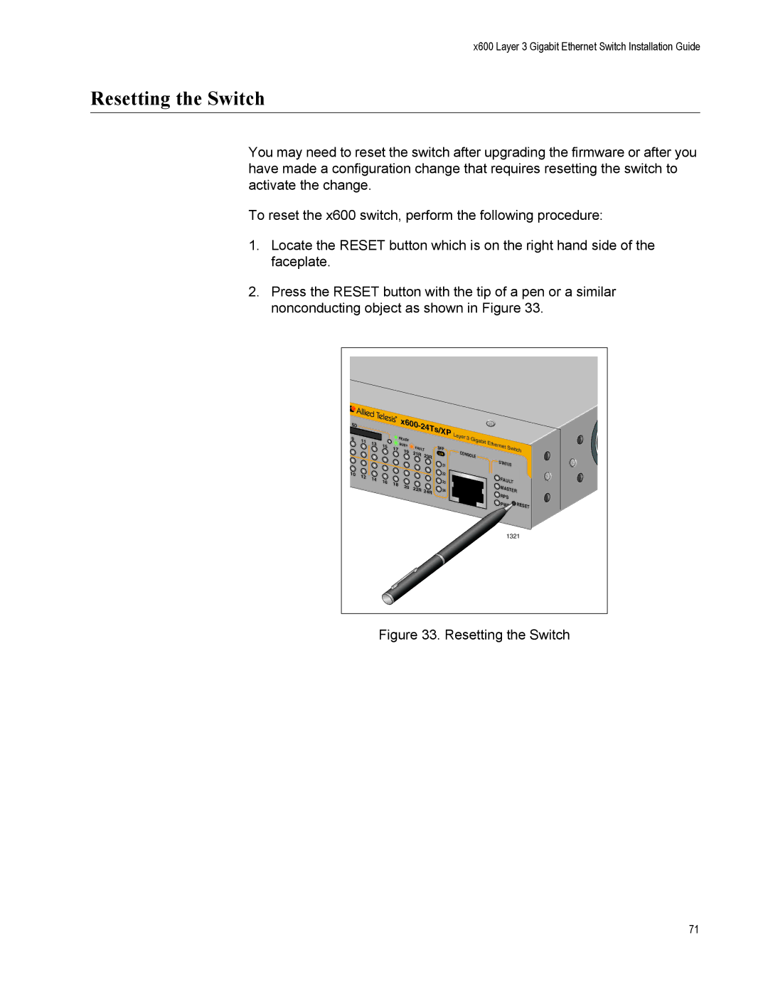 Allied Telesis x600-24Ts-POE manual Resetting the Switch, 24Ts/XP 