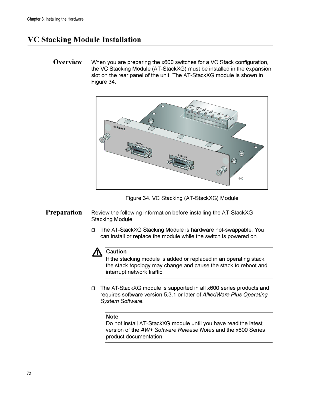 Allied Telesis x600-24Ts-POE manual VC Stacking Module Installation 