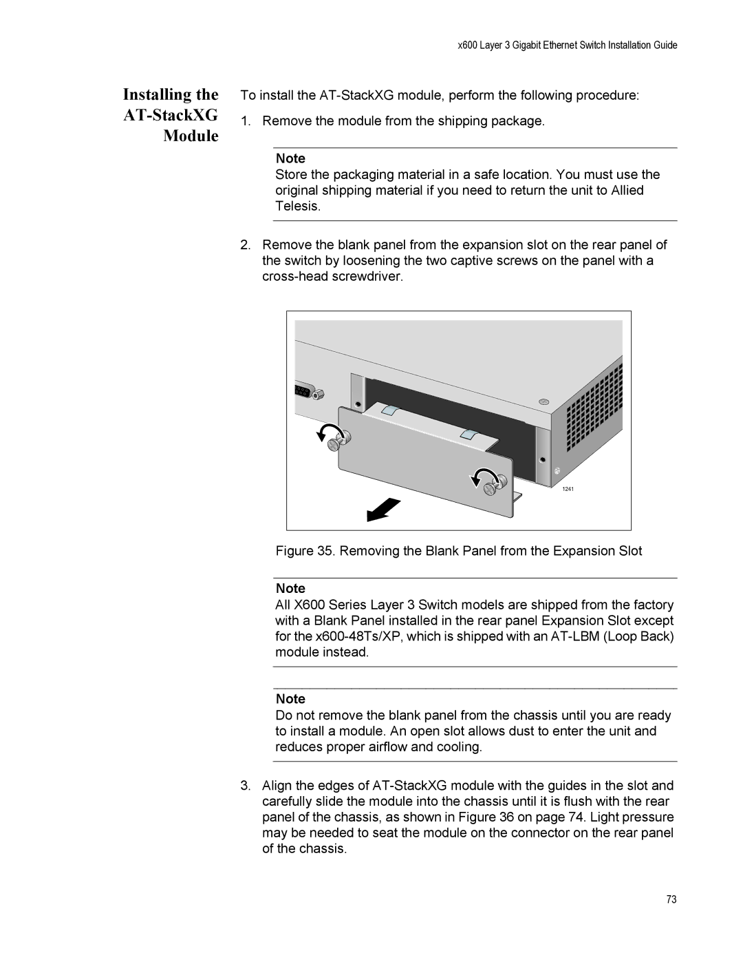 Allied Telesis x600-24Ts-POE manual Installing AT-StackXG Module 