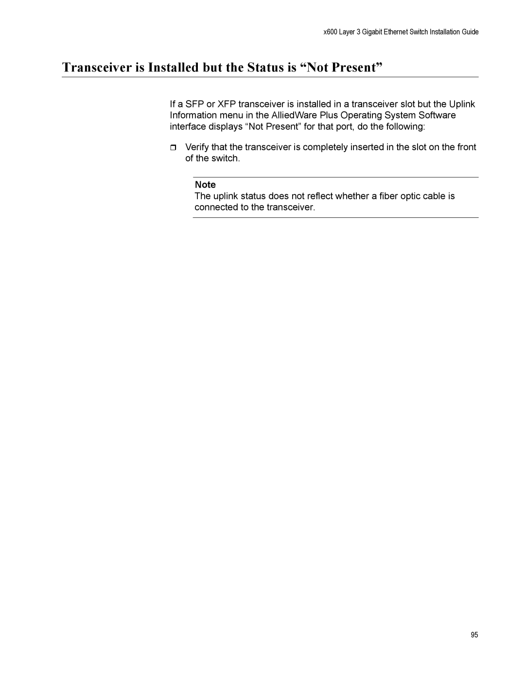 Allied Telesis x600-24Ts-POE manual Transceiver is Installed but the Status is Not Present 