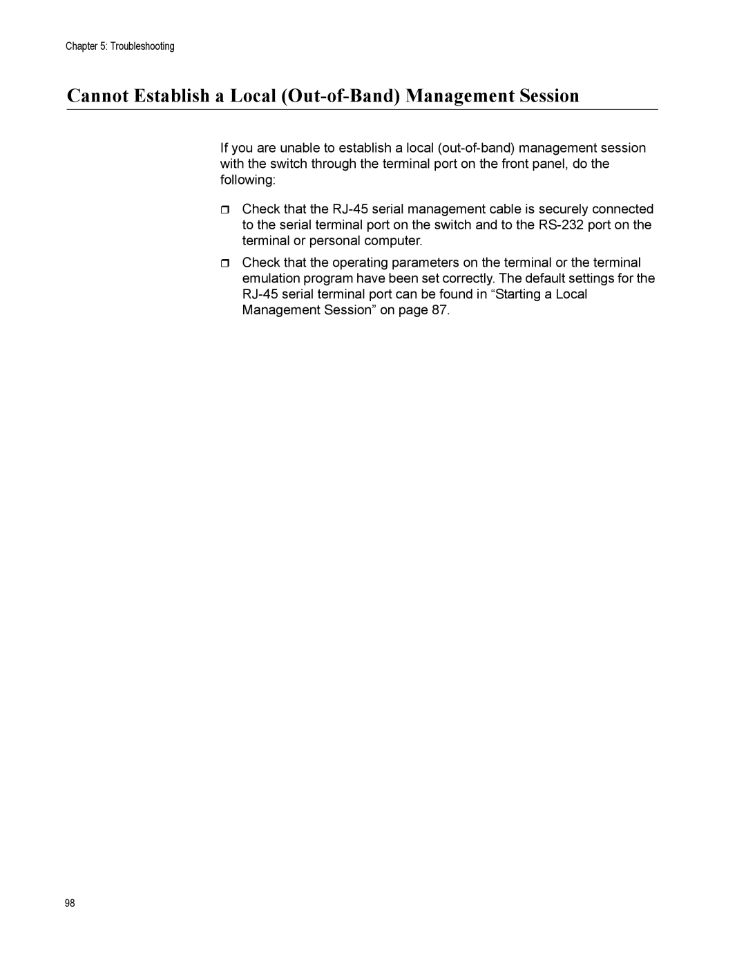 Allied Telesis x600-24Ts-POE manual Cannot Establish a Local Out-of-Band Management Session 