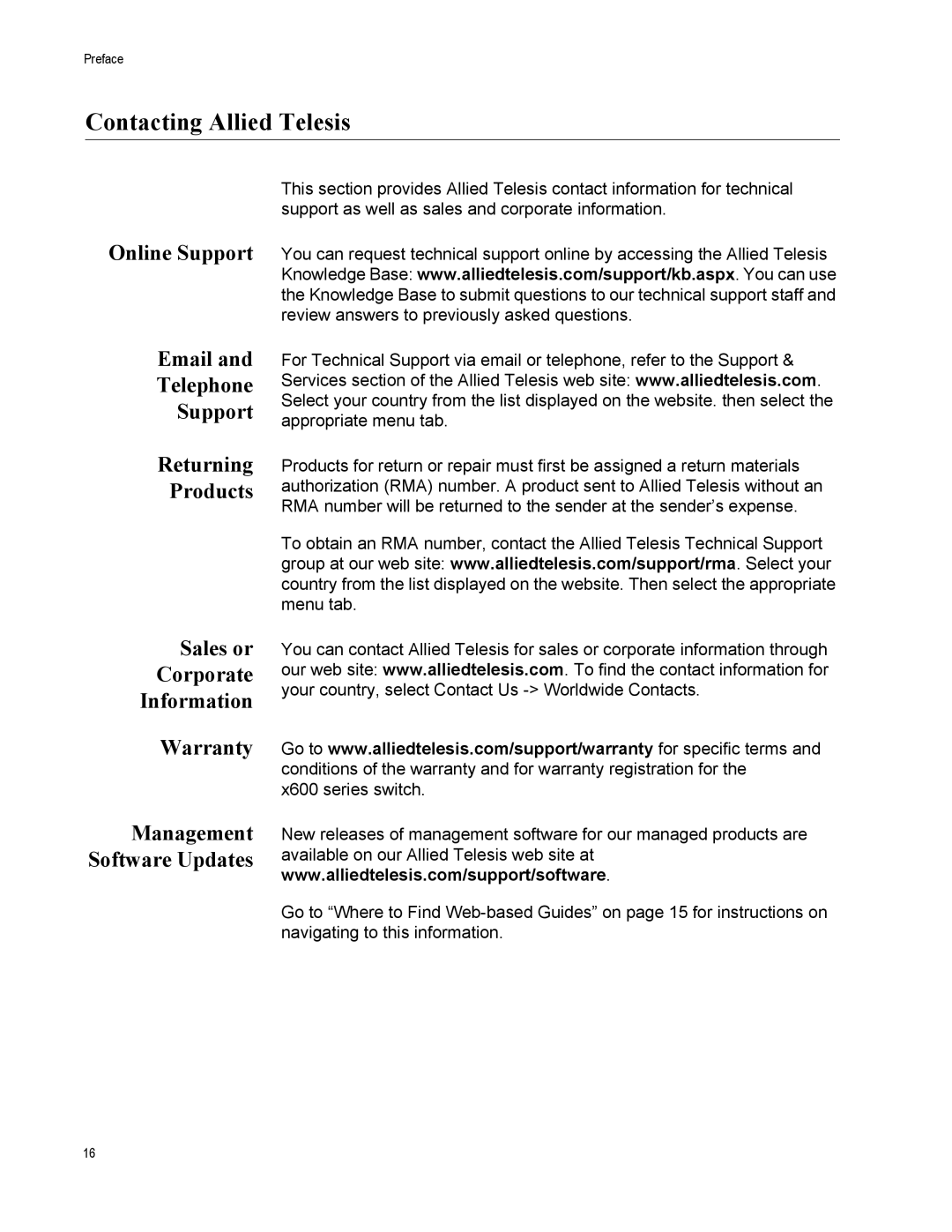 Allied Telesis X600-24TS, x600-48Ts, x600-24Ts/XP, x600-24Ts-POE manual Contacting Allied Telesis, Management Software Updates 