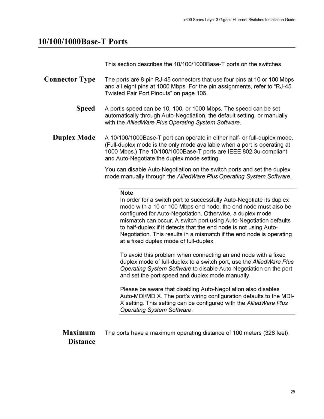 Allied Telesis x600-24Ts/XP, x600-48Ts manual 10/100/1000Base-T Ports, Connector Type Speed Duplex Mode Maximum Distance 