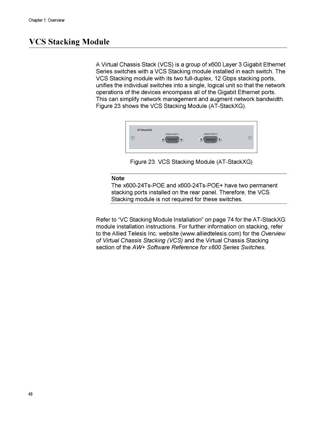 Allied Telesis x600-48Ts, x600-24Ts/XP, x600-24Ts-POE, X600-24TS-POE+, X600-48TS/XP manual VCS Stacking Module 