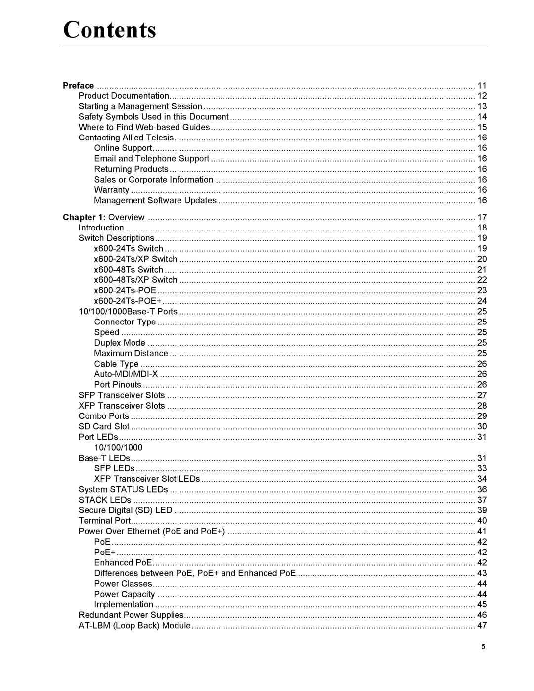 Allied Telesis X600-48TS/XP, x600-48Ts, x600-24Ts/XP, x600-24Ts-POE, X600-24TS-POE+ manual Contents 