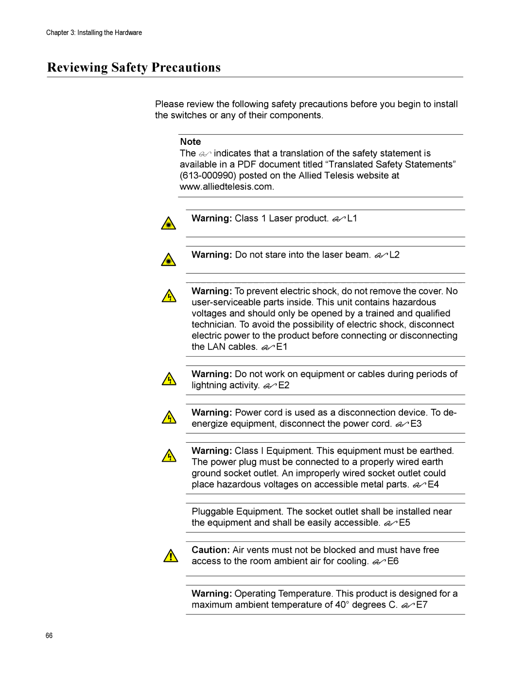 Allied Telesis x600-48Ts, x600-24Ts/XP, x600-24Ts-POE, X600-24TS-POE+, X600-48TS/XP manual Reviewing Safety Precautions 