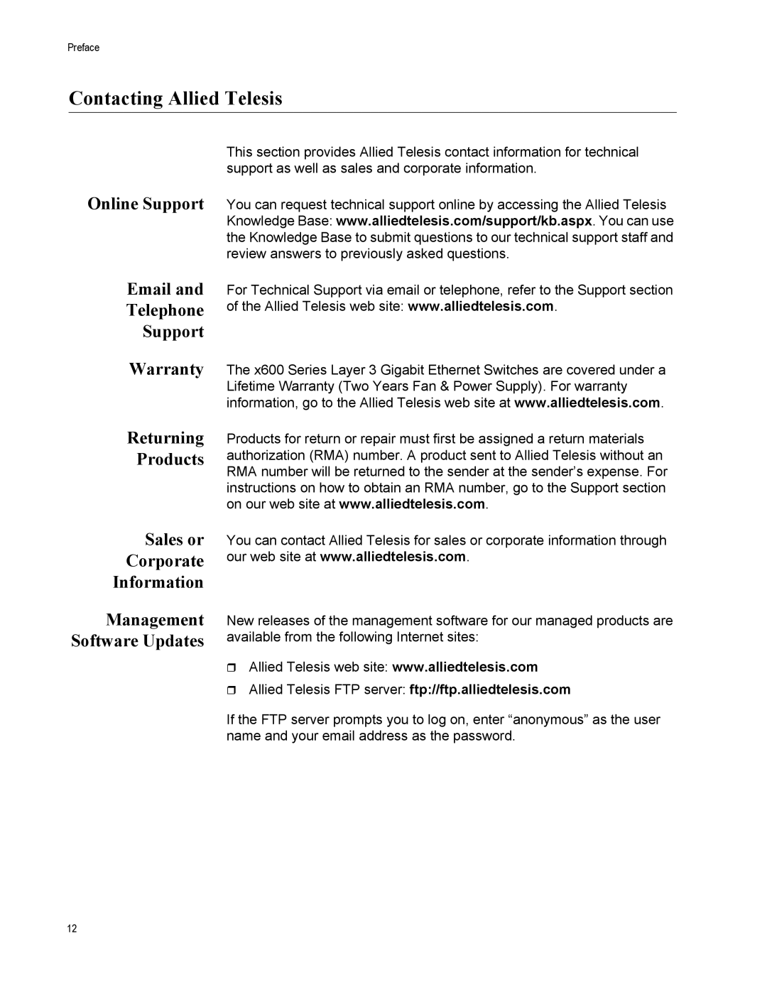 Allied Telesis x600-48Ts, x600-24Ts/XP, X600-24TS, X600-48TS/XP manual Contacting Allied Telesis, Management Software Updates 