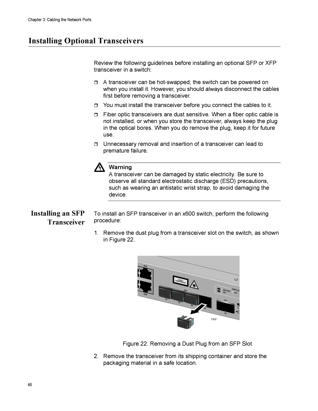 Allied Telesis X600-24TS, x600-48Ts, x600-24Ts/XP manual Installing Optional Transceivers, Installing an SFP Transceiver 