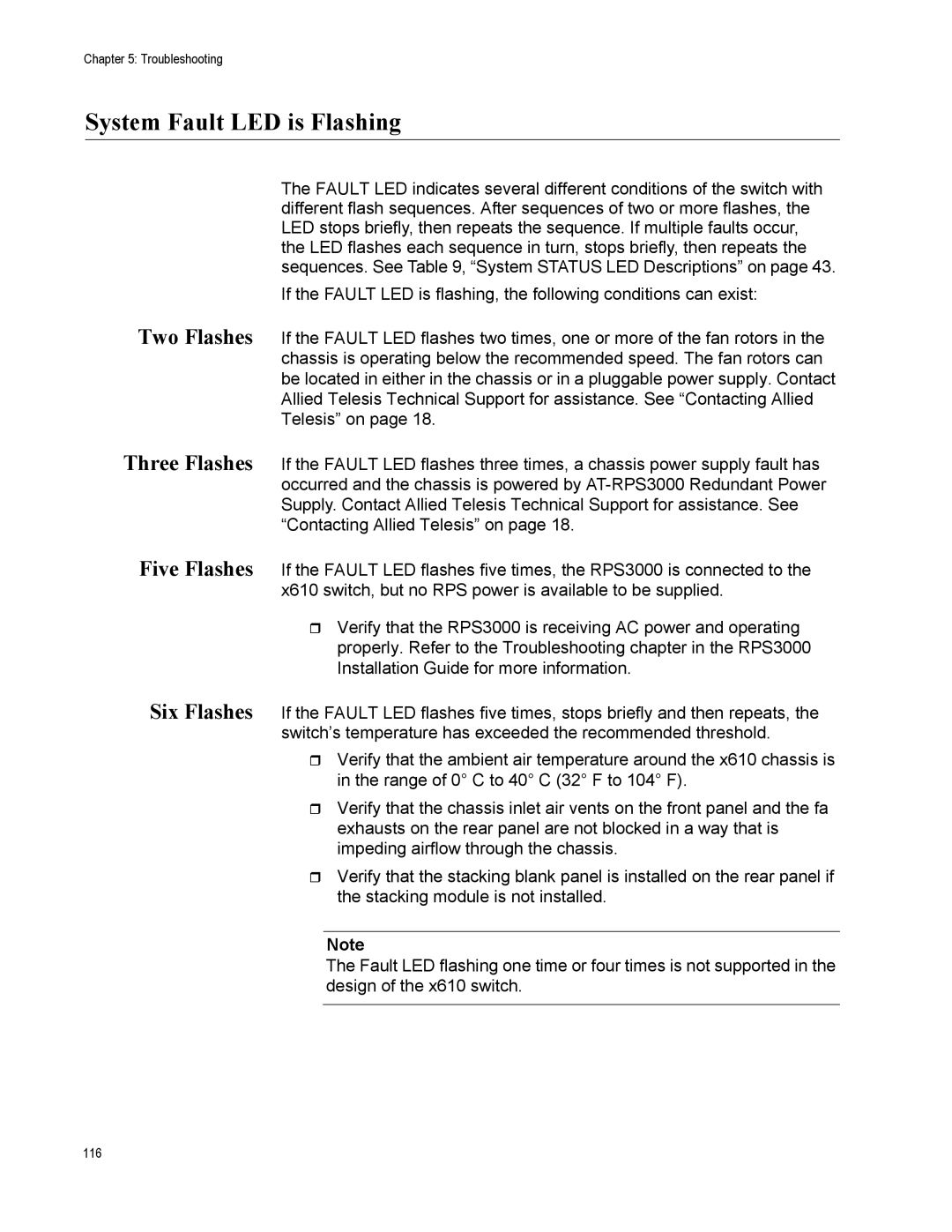 Allied Telesis X610-48TS/X-POE+ manual System Fault LED is Flashing, Two Flashes Three Flashes Five Flashes Six Flashes 