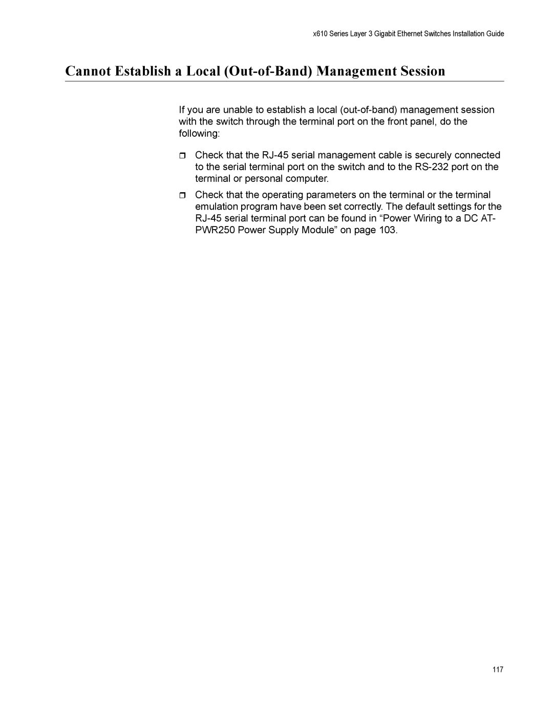 Allied Telesis X610-48TS-POE+, X610-48TS/X, X610-24TS-POE+ manual Cannot Establish a Local Out-of-Band Management Session 