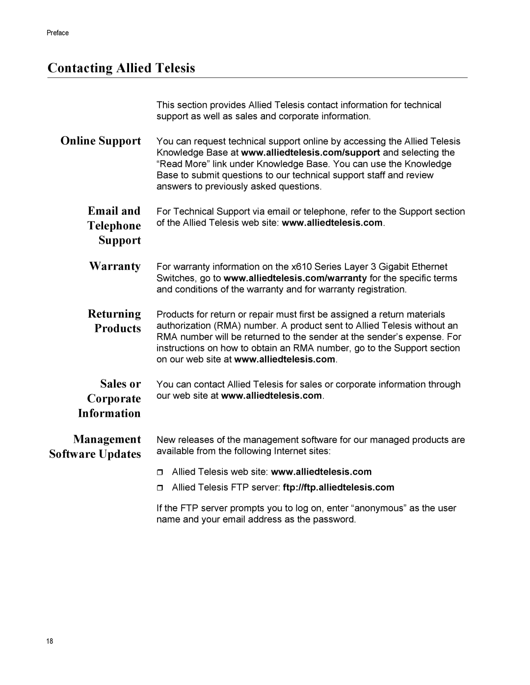 Allied Telesis X610-48TS-POE+, X610-48TS/X, X610-24TS-POE+ manual Contacting Allied Telesis, Management Software Updates 