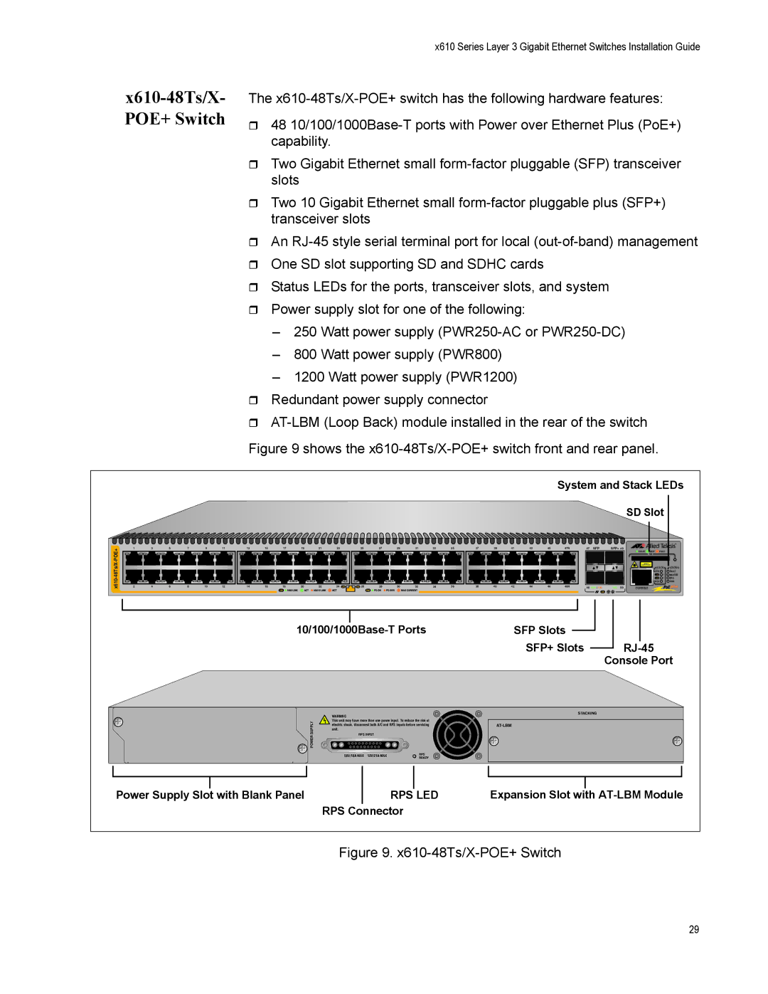 Allied Telesis X610-24TS-POE+, X610-48TS-POE+, X610-48TS/X, X610-24SPS/X manual X610-48Ts/X- POE+ Switch, X610-48Ts/X-POE+ 