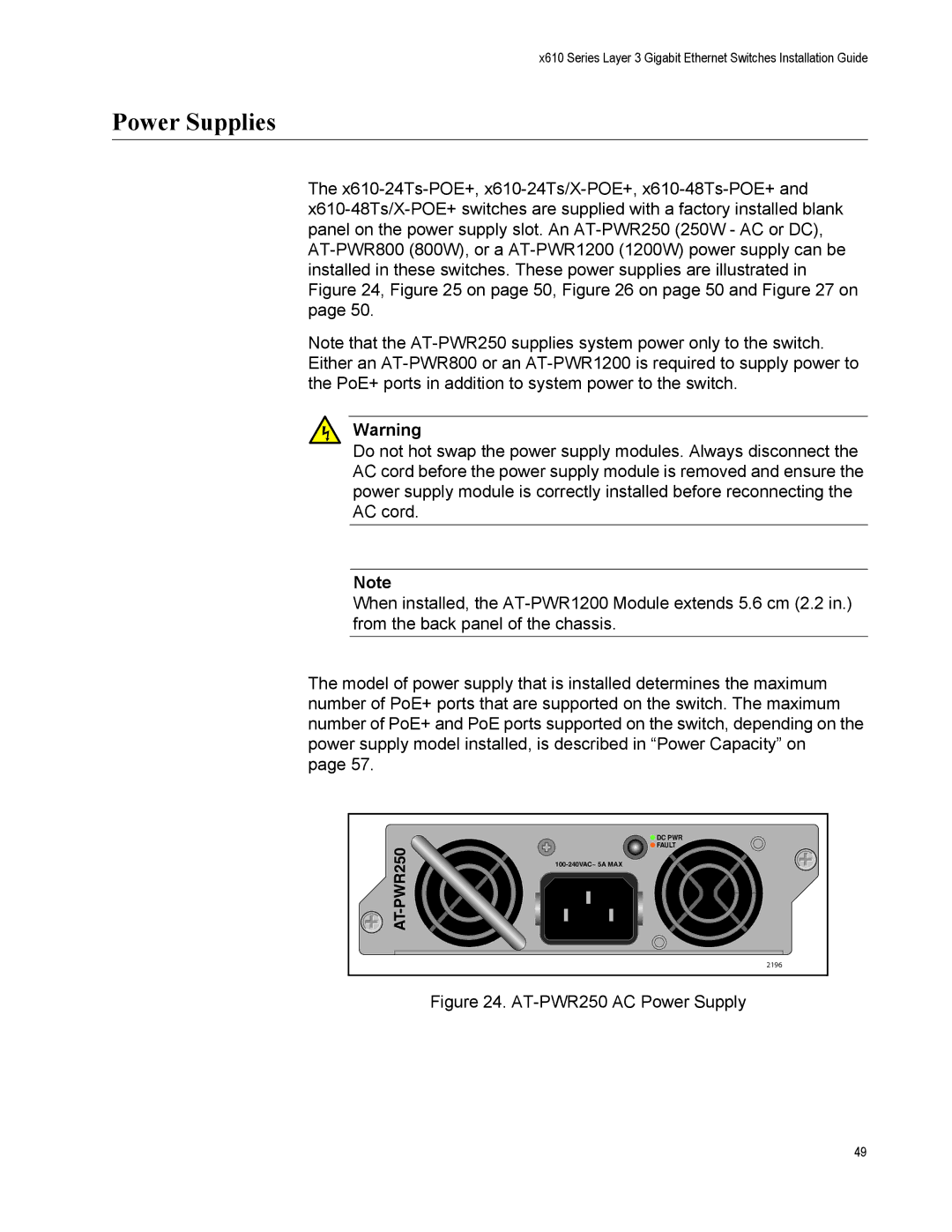 Allied Telesis X610-24SPS/X, X610-48TS-POE+, X610-48TS/X, X610-24TS-POE+, X610-24TS/X-POE+ manual Power Supplies, AT-PWR250 