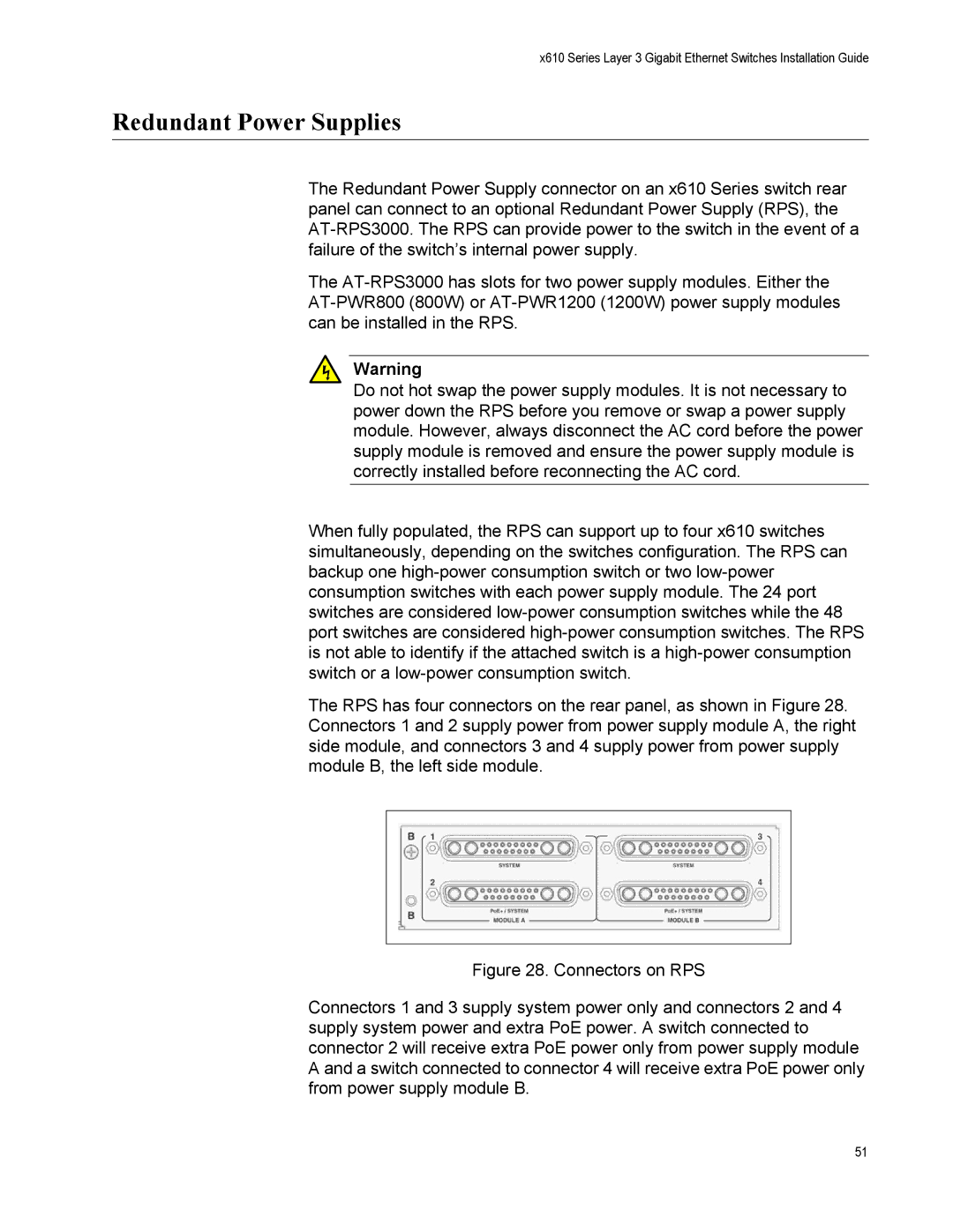 Allied Telesis X610-24TS/X, X610-48TS-POE+, X610-48TS/X, X610-24TS-POE+, X610-24SPS/X manual Redundant Power Supplies 